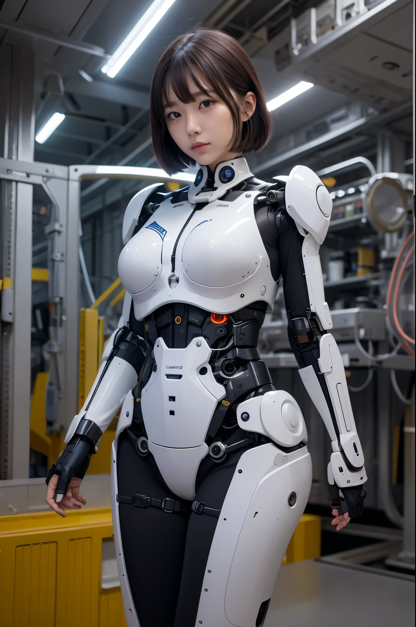 masterpiece, best quality, extremely detailed, 8k portrait,Japaese android girl,Plump ,control panels,android,Droid,Mechanical Hand, Robot arms and legs,Blunt bangs,perfect robot girl,long tube,thick cable connected her neck,android,robot,humanoid,cyborg,japanese cyborg girl ,robot-embly plant,white robot body,She has assled now,assembscene,chest monitor,blue eyes,