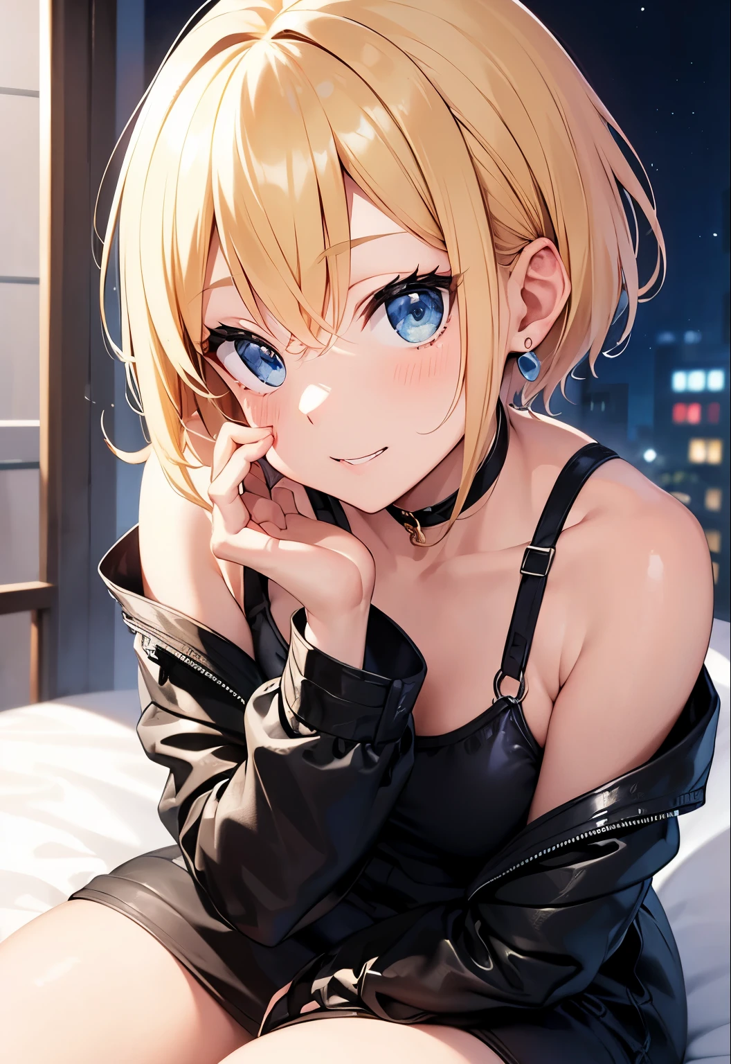 High resolution, 2D anime style,,Blue eyes beautiful eyes,high and beautiful nose,thin face,blonde boyish short hair,cool woman,beautiful earrings,beautiful clock,chest is a little big,she looks very sleepy,She is smiling a little,beautiful profile,I&#39;m looking to the side,I can see your beautiful back,bite&#39;lips,blush,she narrows her eyes, she is biting her nails,Fashion that shows off your stomach,she is wearing a black leather jacket.,,sitting on the bed,bedroom at night