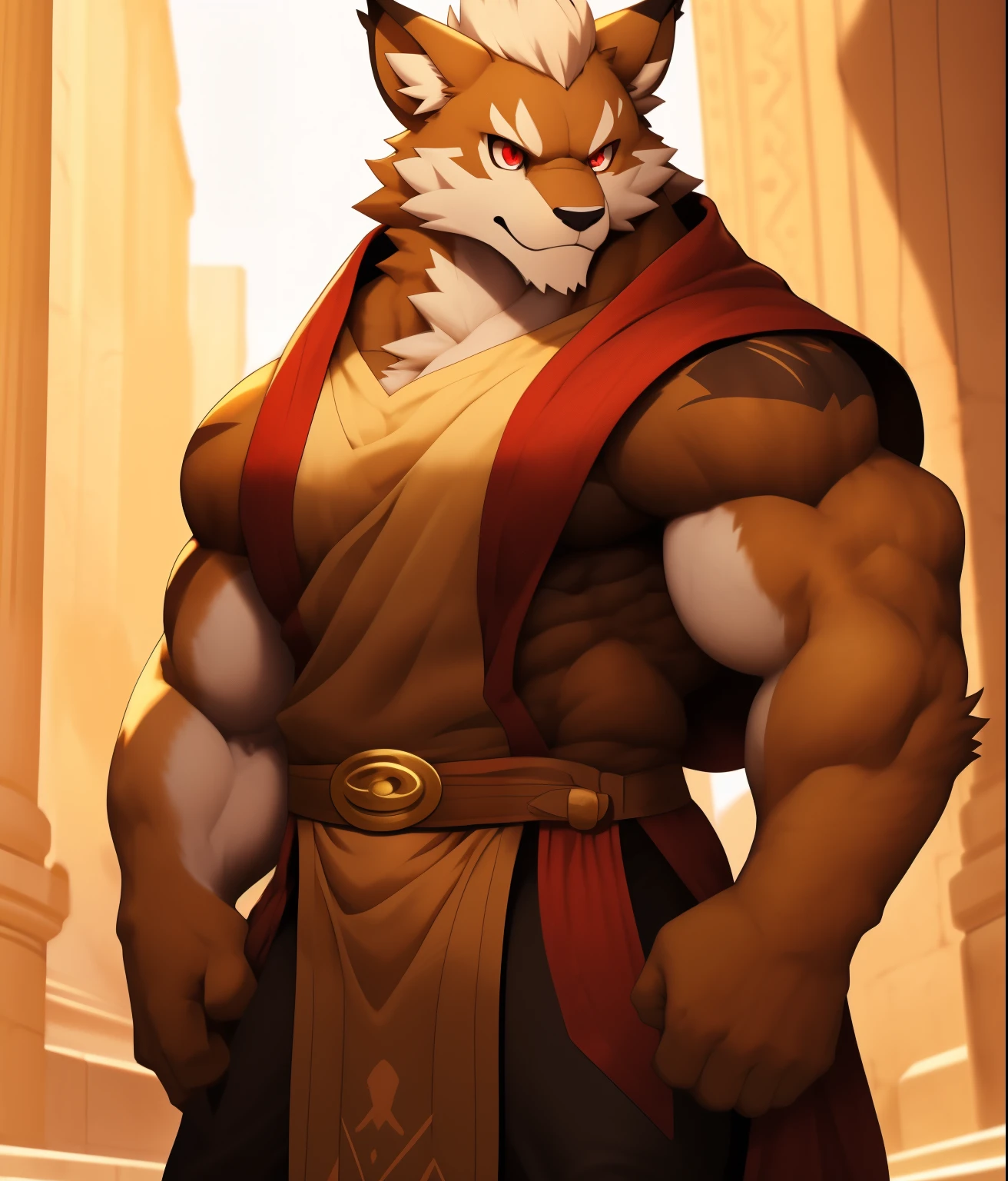 Competitive bodybuilder PRO, nj5furry, (Leomon,, Massive, huge, muscular, GigaChad), (((((TUNIC. ROBE.))))) Leomon, Young face, teenager, ((Extremely realistic shadows, Masterpiece, extremely detailed, photorealistic)), kemono, Looking at viewer, ((front)), murderous look, Leomon, ((Detailed face)) nose, red eyes, ((detailed eyes)), skin, fur, hair, mane, Height 3 meters tall, The optimal height, Tight clothing, 300 kg, Body full of huge muscleuscular and bulging pecs, huge pecassive pecs)) ((huge pecs)) Ripped ABS, Eight abs, V-shaped body, thick waist, long legs, Manly strong arms, handsome face, Attractive calm face type and fresh with a mischievous smile, Topless. Palace Ruins, day, sun, sun rays; crotch bulge, he wears a open robe that reveals huge, muscular thighs, (((He wears brown cloth pants, belt with brass buckle:1.2), (detailed eyes, red eyes:1.2) clothing, slightly open tunic. OPEN TUNIC. OPEN ROBE.))), bulging biceps. A muscular bodybuilder in the making. A potential PRO competitive bodybuilder and bulging neck, visible pectorals, visible abs, arms at the sides.