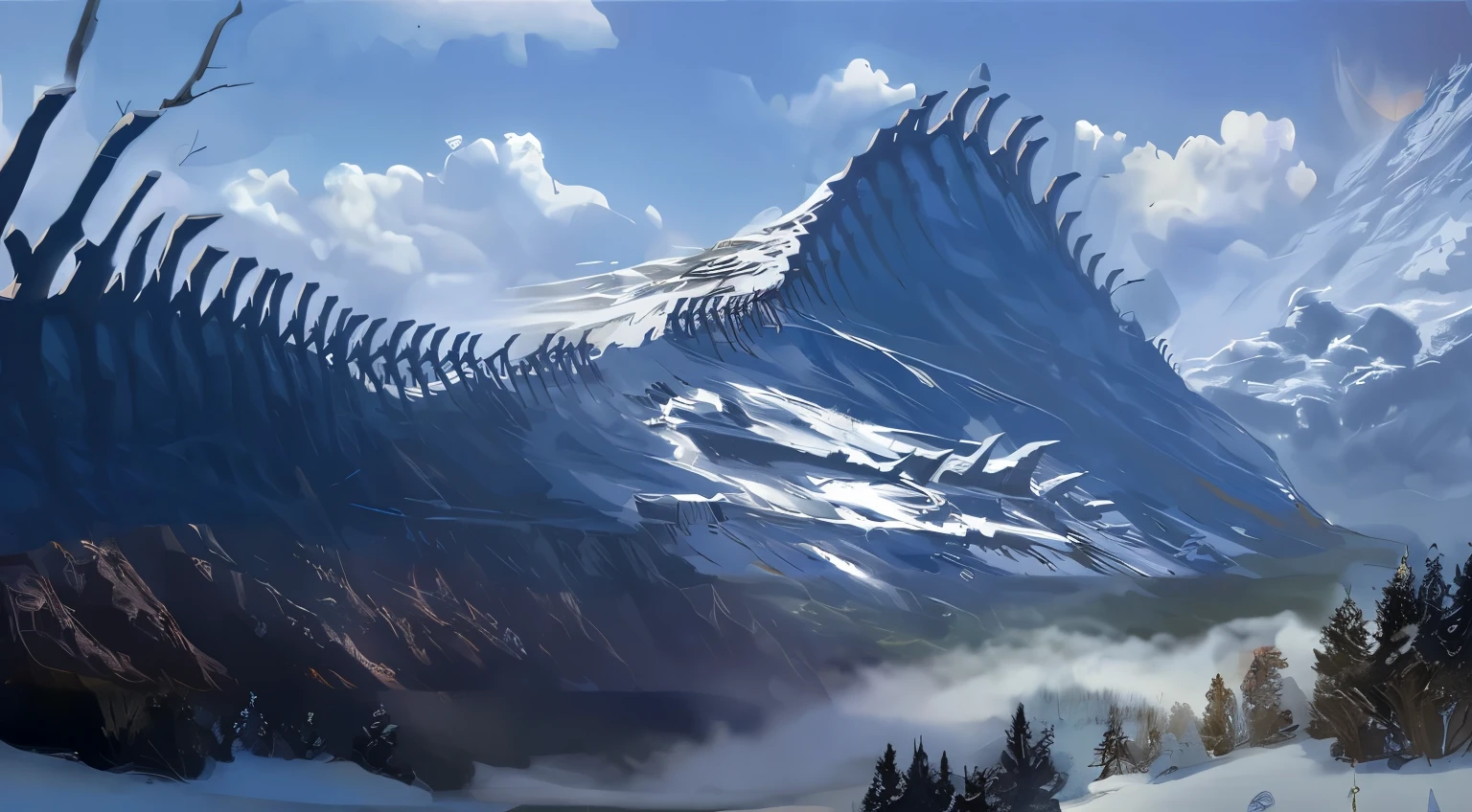 Misty snowy forest of snowy evergreen trees, foggy, a small clearing for a path, high quality digital painting