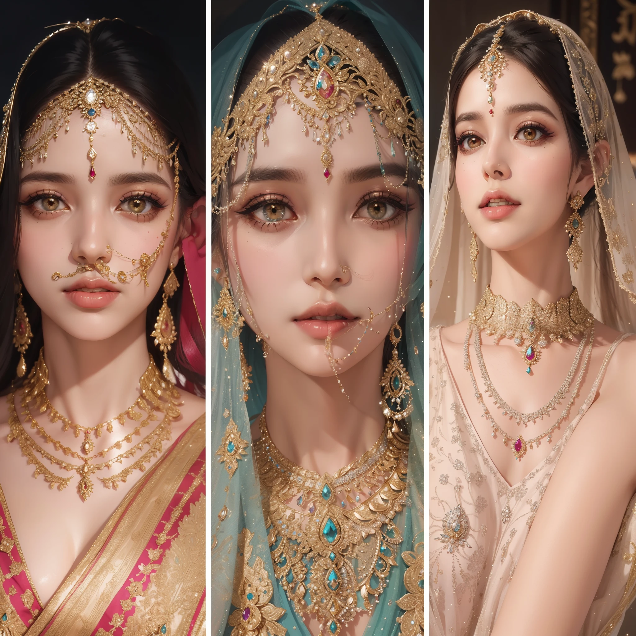 a collage of four images of a woman wearing different bridals, bejewelled and encrusted royalty, traditional makeup, wearing elegant jewellery, adorned with precious stones, intricate beautiful faces, super intricate jewelry, traditional female hairstyles, covered in jewels, hindu aesthetic, veils and jewels, gorgeous and huge head ornaments, intricate jewellery, elaborate ornate jewellery, encrusted with jewels