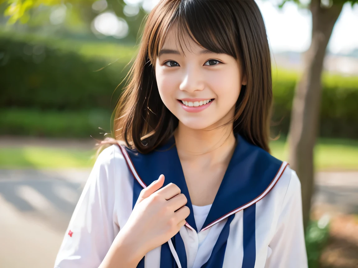 cleavage,　the chest of the shirt is wide open, embarrassed , 1girl, cute, 18 years old, smiling, look at viewer, sailor uniform, seifuku, photo, realistic, best quality, hires, detailed face, classroom, detailed background, diffused lighting, depth of field, bokeh, , portrait, , ( masterpiece), accurate, anatomically correct, f/1.8, 90mm, Fujifilm GFX 50R, raw photo, regina display, super detail, high details, high quality, best quality, highres, UHD, 1080p HD, 4K, 8K, beauty, Slender , standing,