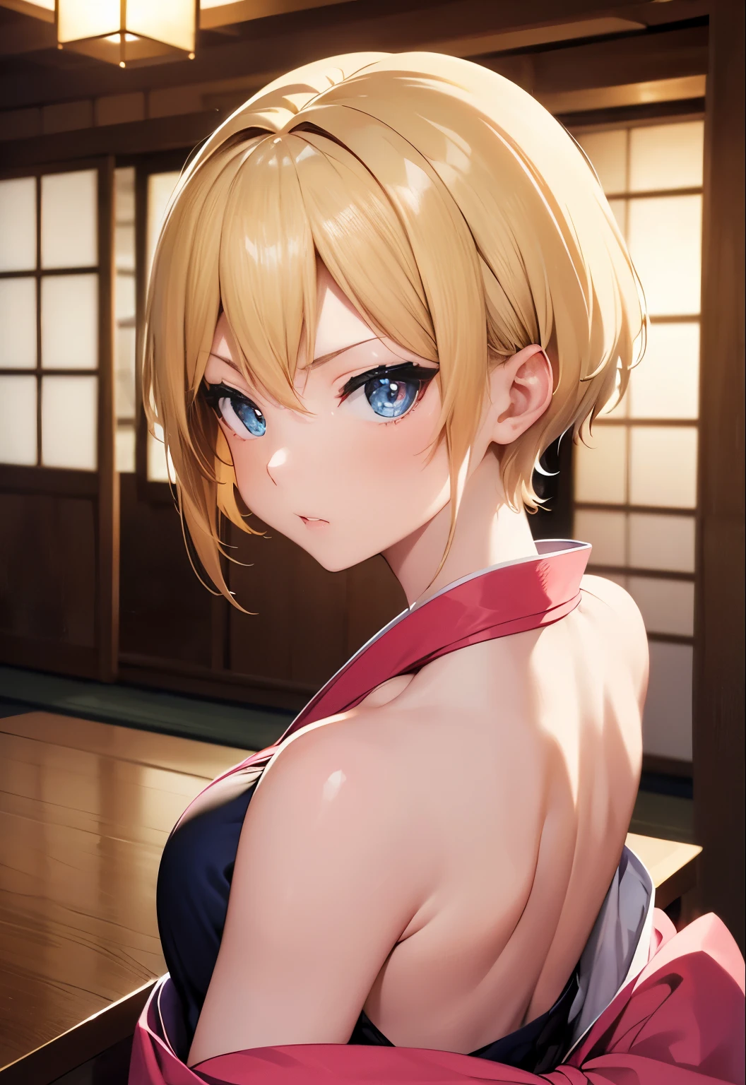 Red Greek low cut tunic, bending down, woman, beautiful, blue eyes, straw blonde hair, pony tail, smiling, thin lips, simple background, small breasts, hot, nsfw, sexy, Greek toga with rings on shoulder, red dress, tunic, red tunic, realistic, smooth skin, looking at viewer, bent over