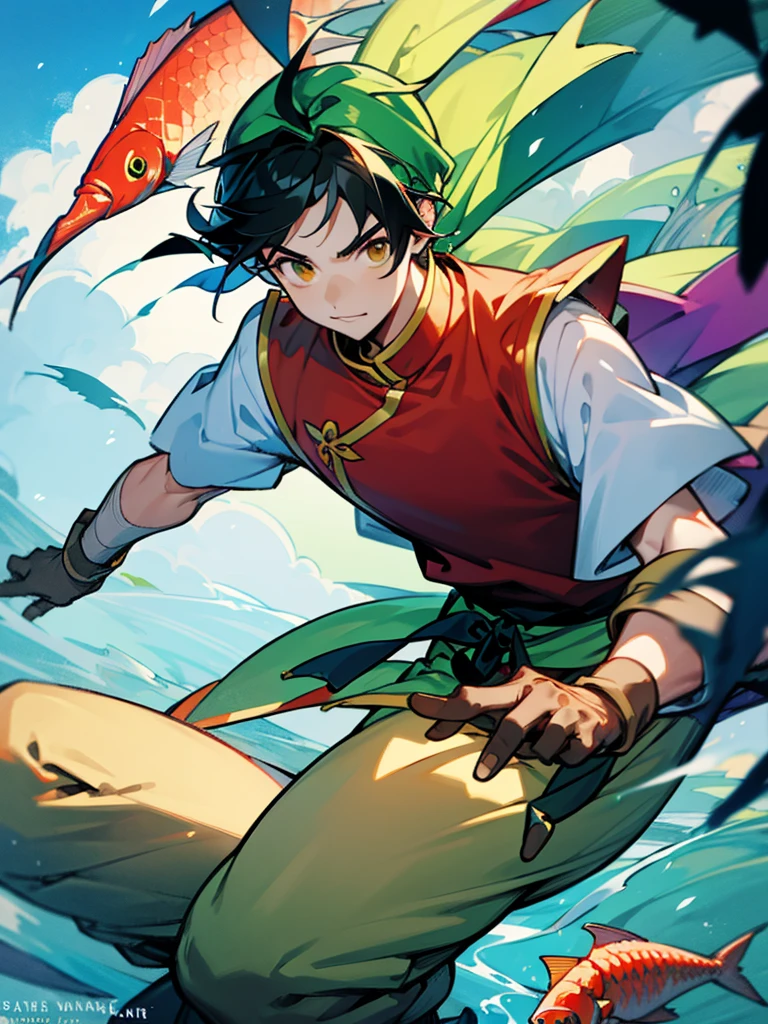 The character named Tir McDohl who is a slim asian young man, black hair, chinese clothes, red shirt, white sleeves, yellow pants, green cape, diving under blue cyan water with fish