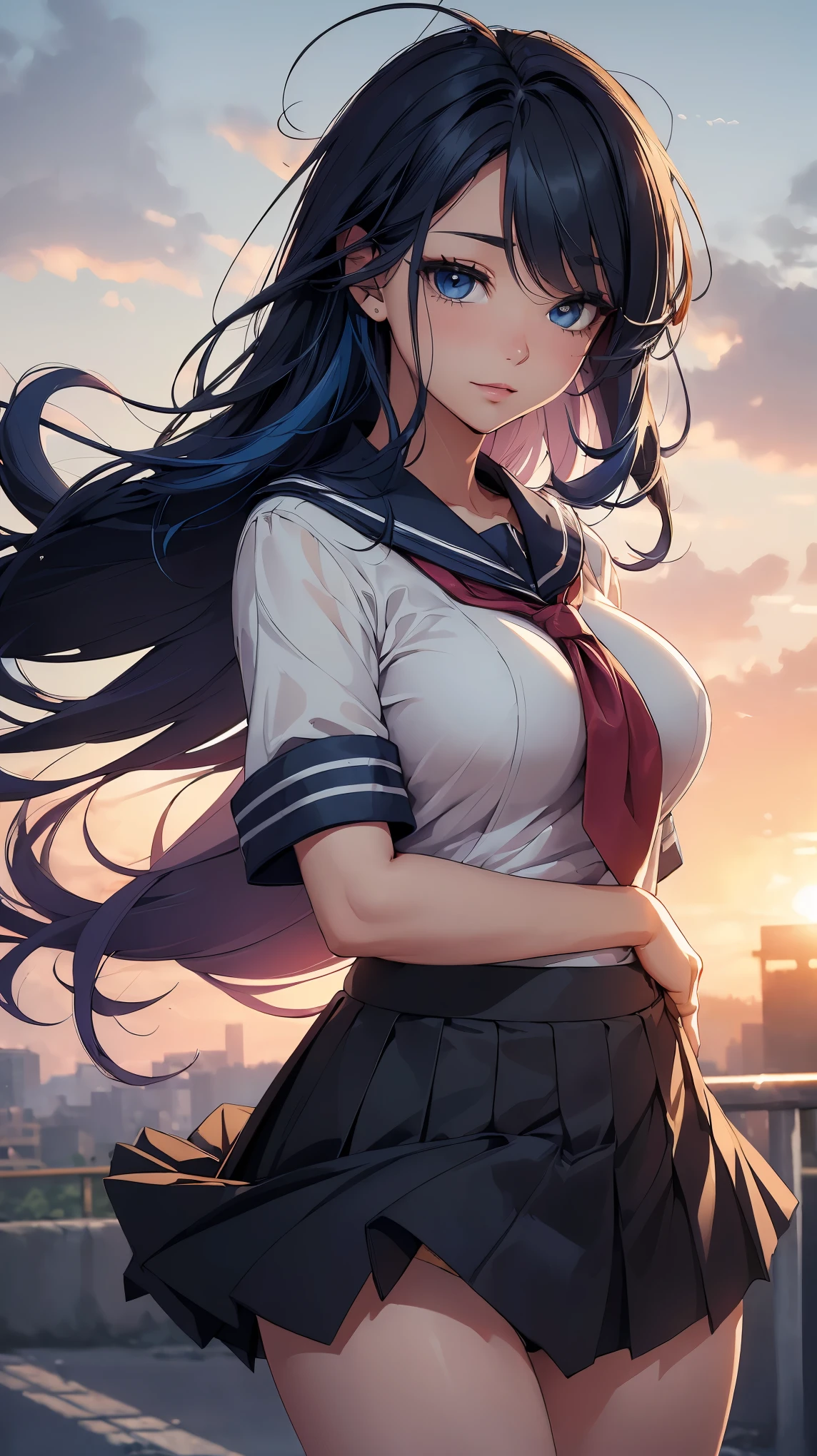 concept:beautiful woman portrait.
quality:(最高quality, 8k, 4k, High resolution, masterpiece:1.2), Super detailed, (real, photorealistic:1.37), 高qualityのアートワーク, beautiful illustrations.
illumination:Bright colors, Lens flare, The overall dramatic atmosphere of the scene, natural light.
Subject information:alone, sexy woman, (round eyes), (small face), (high detail skin:1.2), long eyelashes, glossy lips, troubled face (blue hair, long hair, show your forehead, blue eyes), perfect face, cute face, shiny skin, long eyelashes, (big breasts), cute smile:1.2, (anatomically correct), (panties:1.2), (private high , sailor suit:1.2, pleated skirt, mini skirt).
Other details:School zone, magic hour, The sun's rays cast a beautiful golden glow around you., 細部までこだわったrealな光と影, (((being fanned by a strong wind, clothes get messed up, hold down the flipping skirt, messy clothes and hair))), background bokeh, 500㎜, f/4.0, photo shoot.