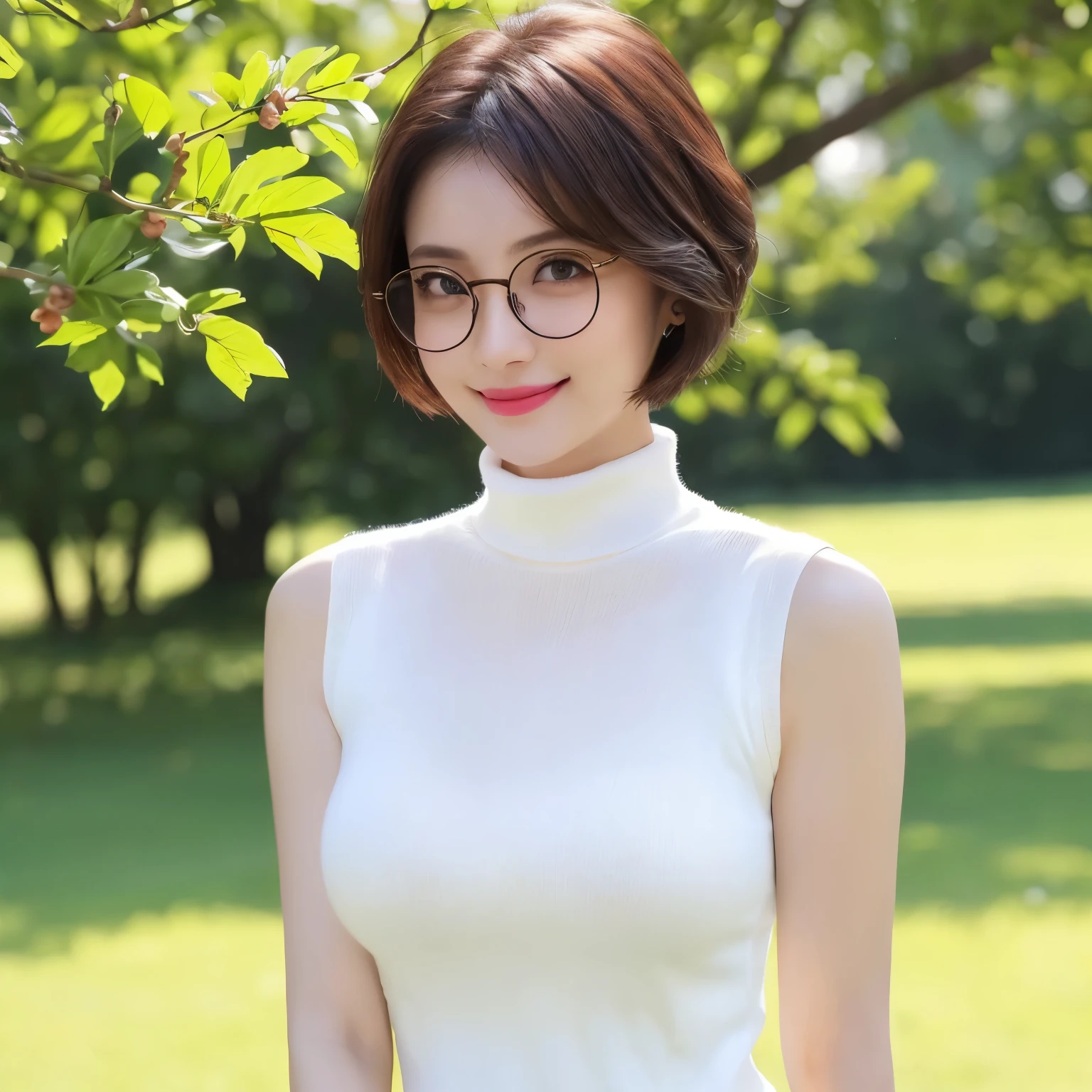 (highest quality、table top、8K、best image quality、Award-winning work)、one beautiful woman、25 years old、(alone:1.1)、perfect beautiful composition、(big and full breasts:1.1)、(Very tight knit for perfect fit:1.1)、Precise and perfect sleeveless knit、(emphasize body line:1.1)、( Berry short cut hair:1.1)、(Perfect white turtleneck sleeveless knit sweater:1.2)、(Classy and perfect round glasses:1.2)、(Elegant red melton skirt:1.1)、(full body photo:1.1)、look at me and smile、Strongly blurred accurate city park background、stand gracefully、droopy eyes、natural makeup、Ultra high definition beauty face、ultra high definition hair、Super high-definition sparkling eyes、Super high resolution glossy lips、accurate anatomy、(very bright and vivid:1.4)、(Beautiful skin that shines very brightly:1.3)