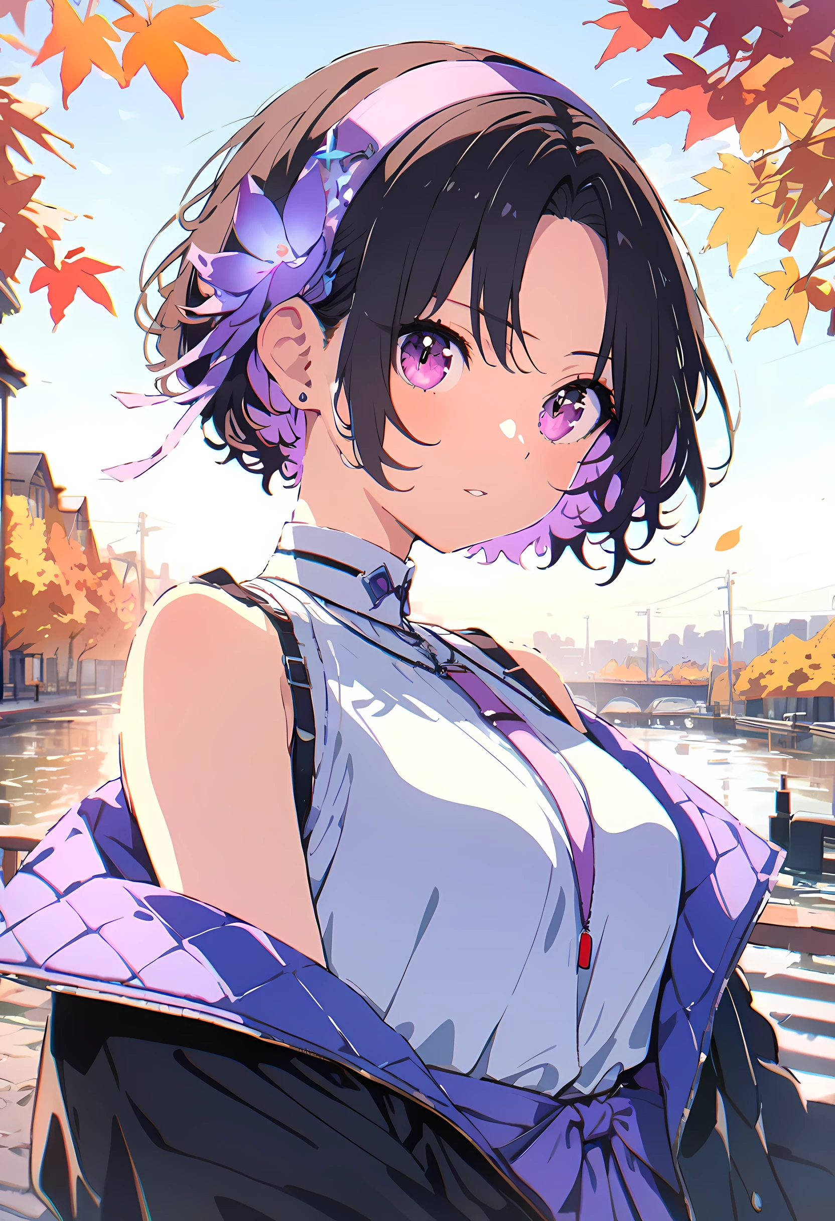 (8K, best quality, masterpiece:1.2),(best quality:1.0), (ultra high definition:1.0), watercolor, a beautiful woman, Shoulder, headband, by Agnes Cecil, broken to pieces, Extremely luminous and bright design, pastel colors, (ink:1.3), autumn lights,
