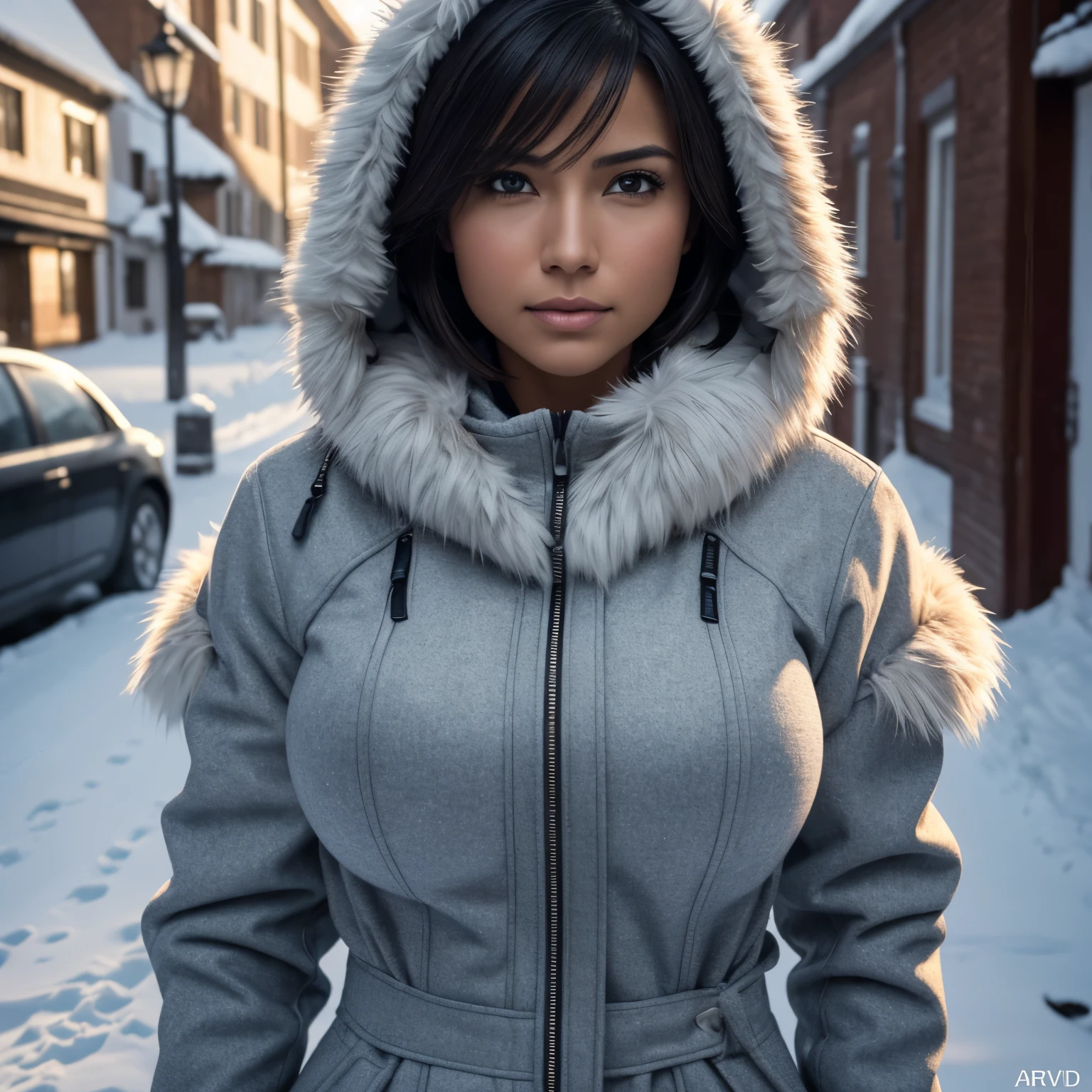 Isabel Merced, bob_cut hair, dressed like a eskimo in winter clothes, freezing cold, not pleased, grinding teeth, (skin texture:1.1), (high detail face:1.1), full bodyshot, high detail body, high detail clothes, (big breasts:1.3),(masterpiece), (realistic), ultra high definition, 4k, ultra high resolution, film grain, cinematic lighting, rim lighting, photo by Arny Freytag, RAW image