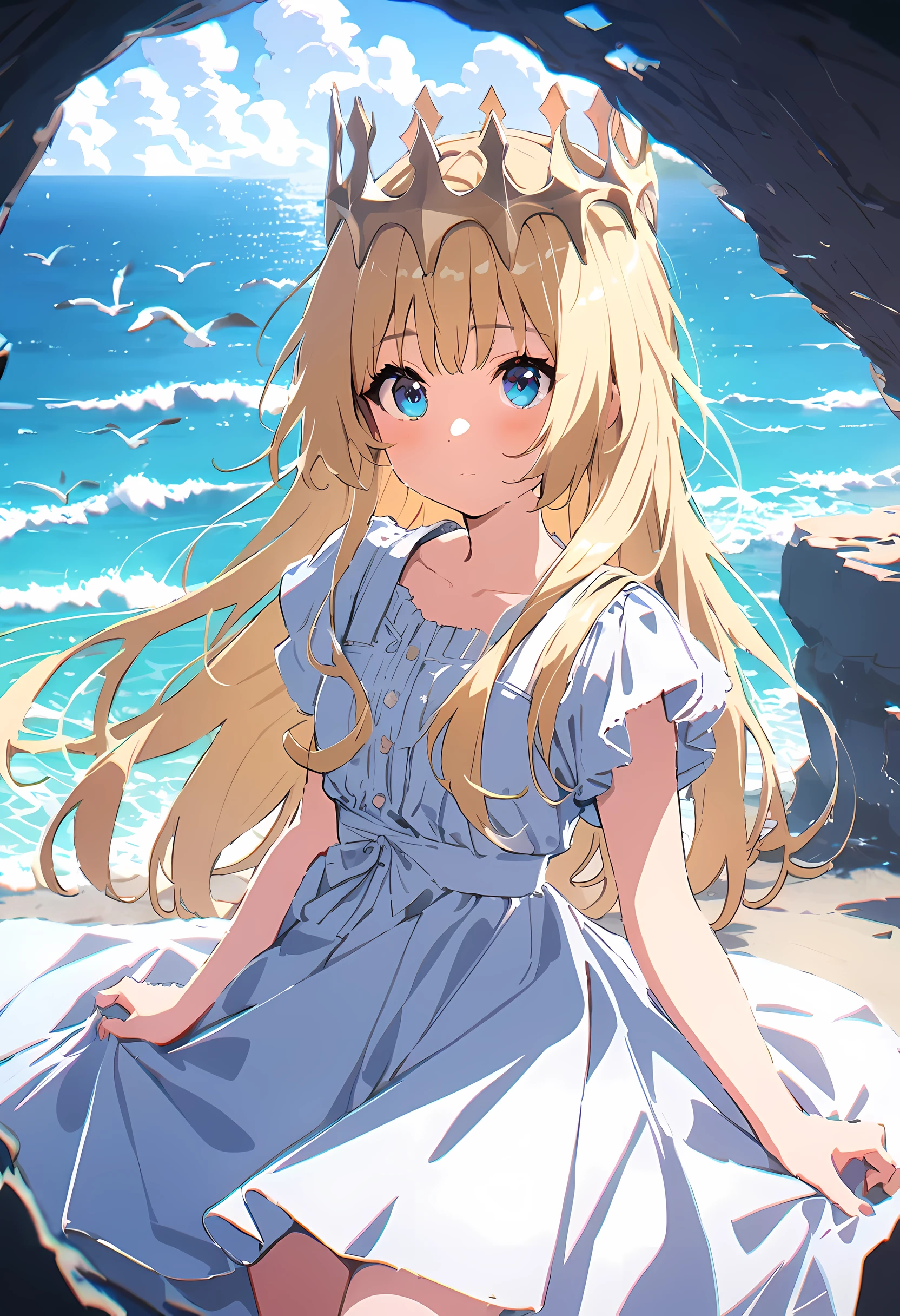 ,((best quality))),8K,((masterpiece)),(extremely delicate and beautiful), There was a girl coming out of the sea, swan princess in russian mythology, beautiful calm face, blue eyes, Long blonde hair braided, Moon braid on back of head, shiny white old clothes，Wearing the Kokosnik Crown, affectionate eyes, half smile, A gentle expression on his face, Seascape and sunlight in the background, Seagulls in the sky, full length, realism