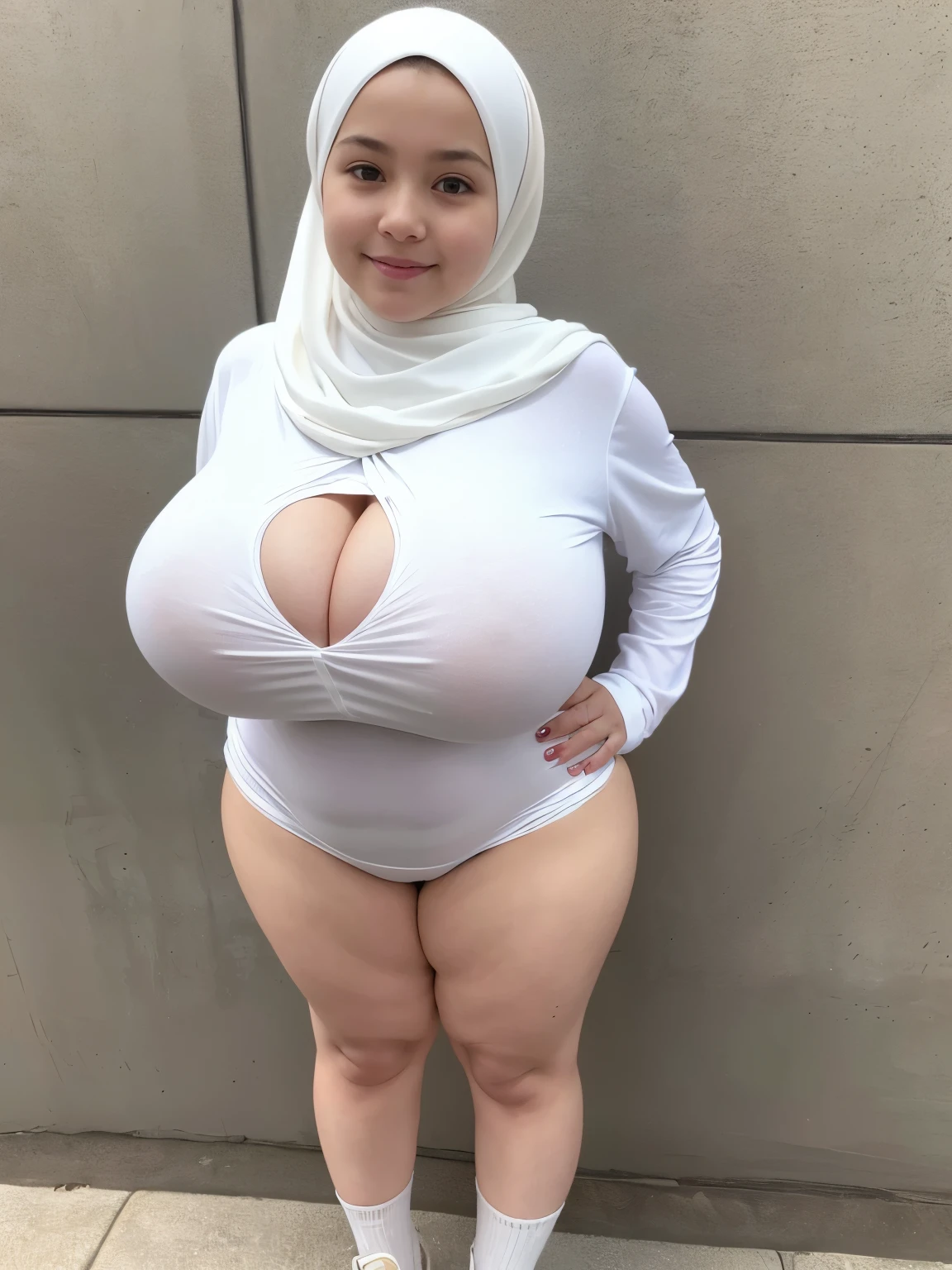 adorable, 1 girl, , baby face, hl body portrait, (face details: 1), (eye details: 1), ((big breasts)). ((Huge breasts)). ((Heavy breasts)). ((Saggy breasts)). wearing white long shirt, hijab, .. Cute posed. proportional body. Ultra High Res. realistic: 1.4, UHD