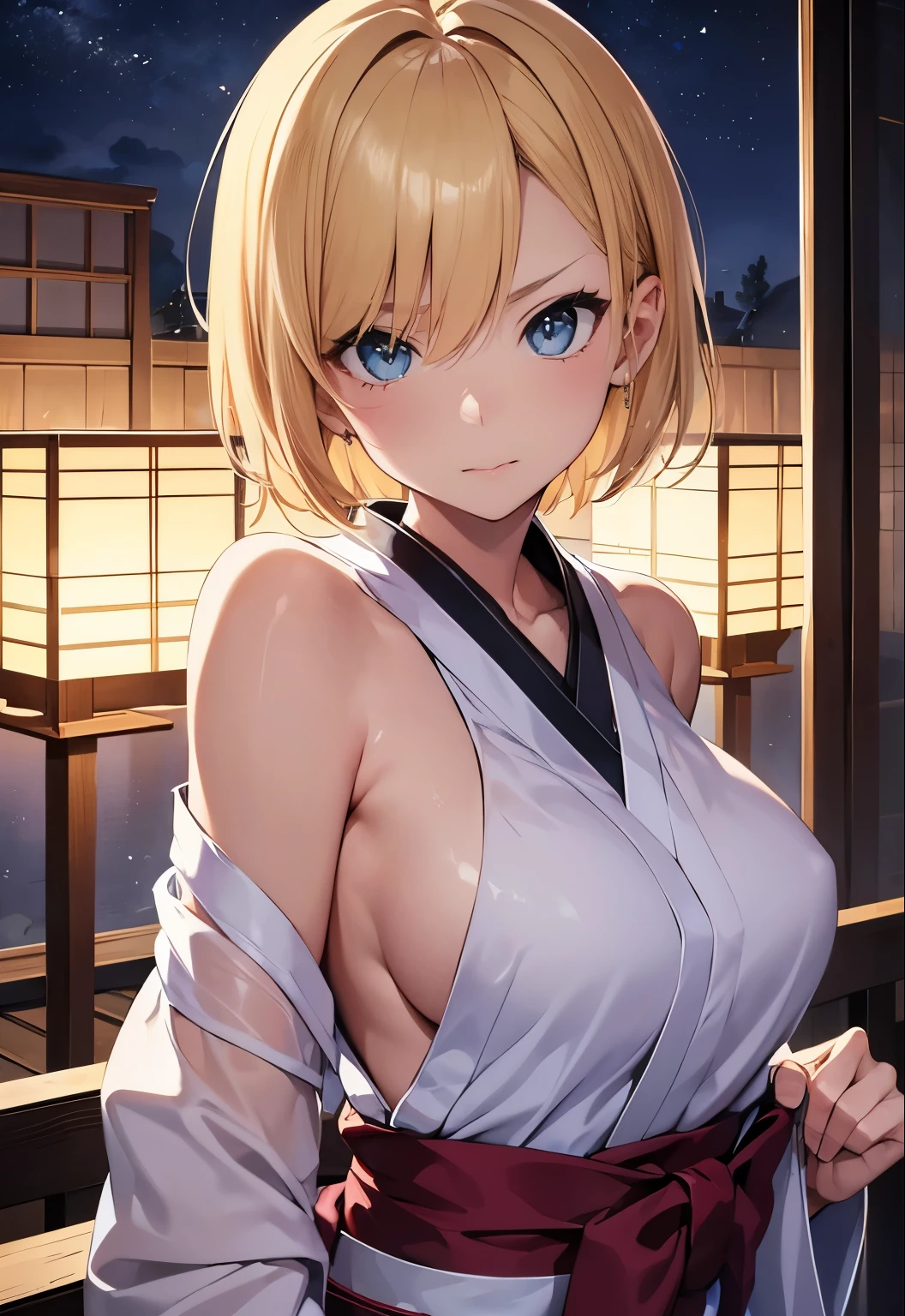 High resolution, 2D anime style,,blue eyes beautiful eyes,high and beautiful nose,thin face, blonde short hair,short up hair,beautiful pink lips,cool woman,Chest is slightly larger,she looks very serious,biting one's lips, she was very angry, she narrows her eyes,beautiful back view,I'm taking off my kimono..,arms outstretched,you can see her beautiful back,In a Japanese room at night
