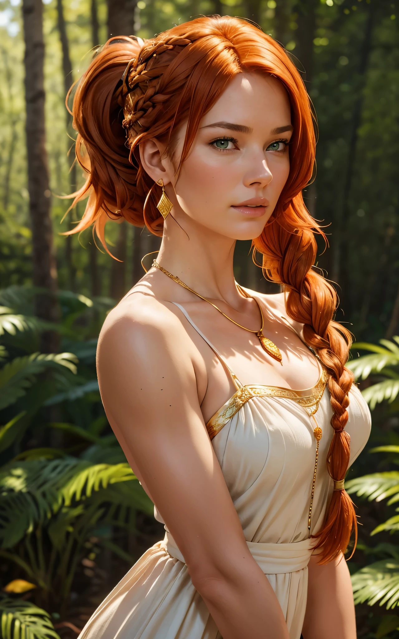 Flamme, (young Lena Headey:Evangeline Lilly), A 35-year-old woman with orange hair, green eyes, sideburns, one large braid, a gold necklace with a ruby pendant, dressed in a white Greek tunic and Roman sandals, with gold bracelets on her arms, forest in the background, masterpiece, hyperdetailed,((1girl)) ,bangs,braided ponytail,single braid,orange hair,very long hair,sidelocks,red earrings,hair over one eye,

