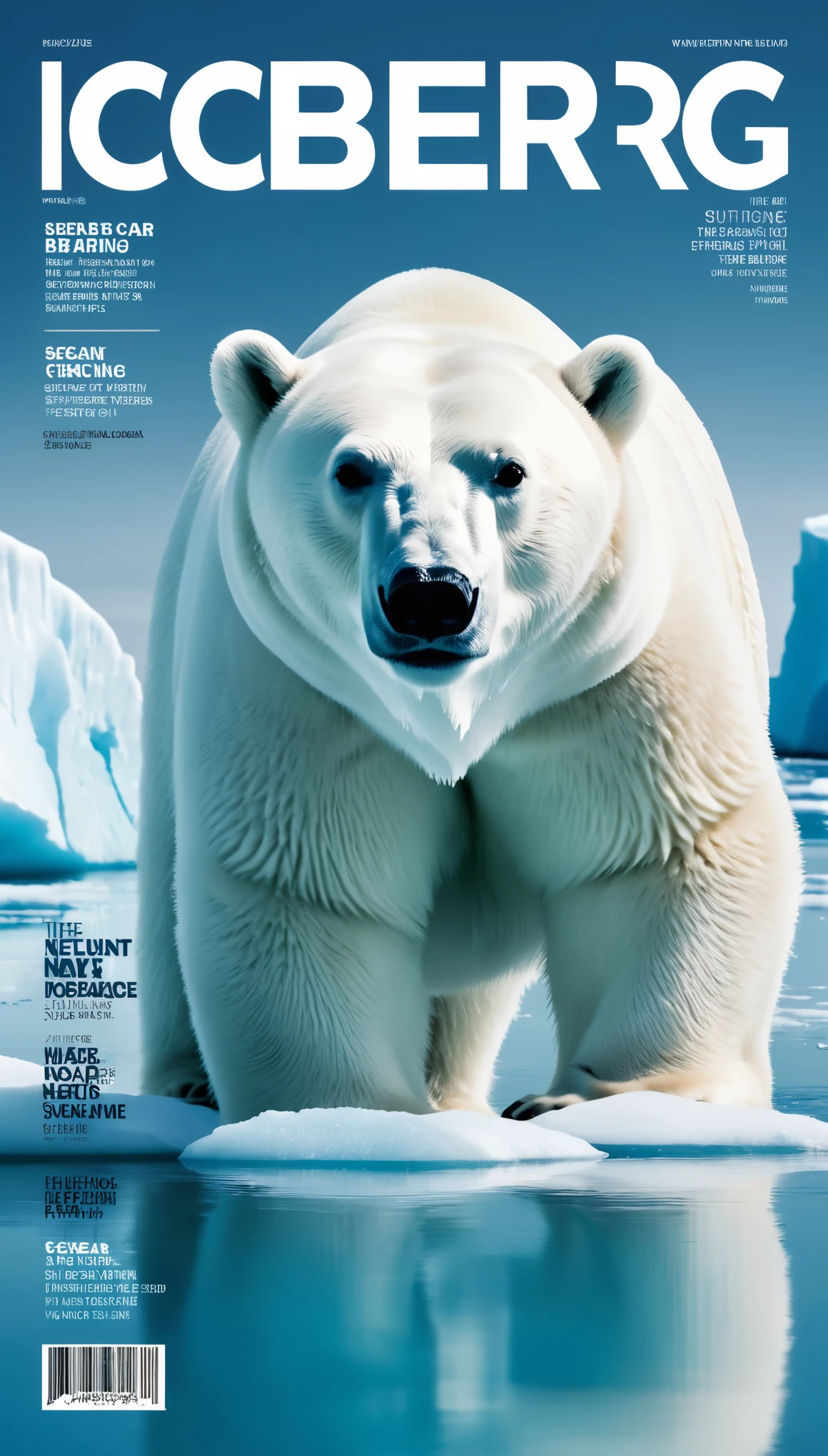 Fashion magazine cover design，Iceberg and polar bear，text，barcode，Stylish and simple，The theme highlights caring for the environment