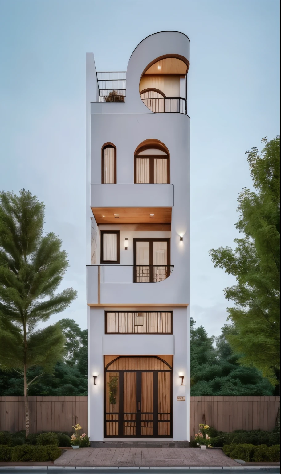 (Townhouse in city ,close houses and trees), daylight ( best quality) ((high solution)) ,(( photo realistic)) ,warm light, (sharp focont view of townhouse in style of modern,small house, Narrow area,VietNam,facade, curved arch,beautiful facade,curved windown,narrow and long ,two-storey,mutual colours, soft lighting, warm atmosphere,high Resolution, hyper detailed,4k ,vray render, octane render, hyper realistic, photography expert ,exterior design , professional photography, exterior photography,wide-angle shot , ultra detail , high Resolution , full frame, full body