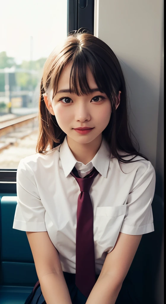 (table top, highest quality:1.2), 8K, , 85mm, official art, Raw photo, absurd, , cute face, close, Upper body, violaces, gardenia, beautiful girl,look at me and smile,, (navy pleated skirt:1.1), Cinch West, thighs thighs thighs, short sleeve, on the train, sit on a bench seat, looking at the viewer, no makeup, (smile:0.4), film grain, chromatic aberration, sharp focus, face light, clear lighting, teen, detailed face, background bokeh, (dark red tie:1.1),（(Big breasts that are about to burst 2.0)）