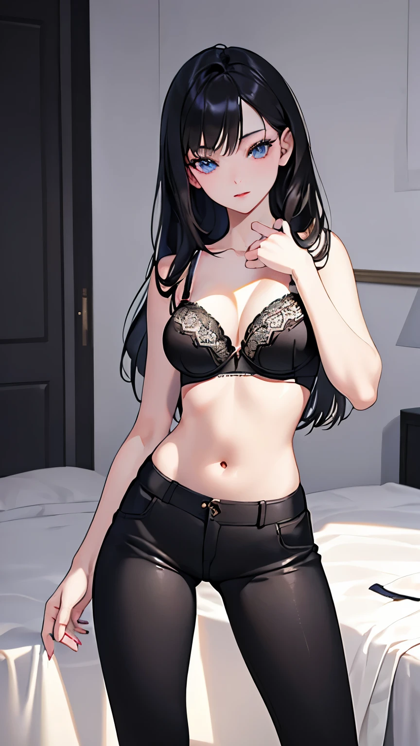 ((beauty like a model)), masterpiece, best image quality, super detailed,Viewer's perspective, 20 year old girl,fine hair、fine eyes(realistic eyes),professional lighting,(((In underwear,bra,pants))),sexy pose