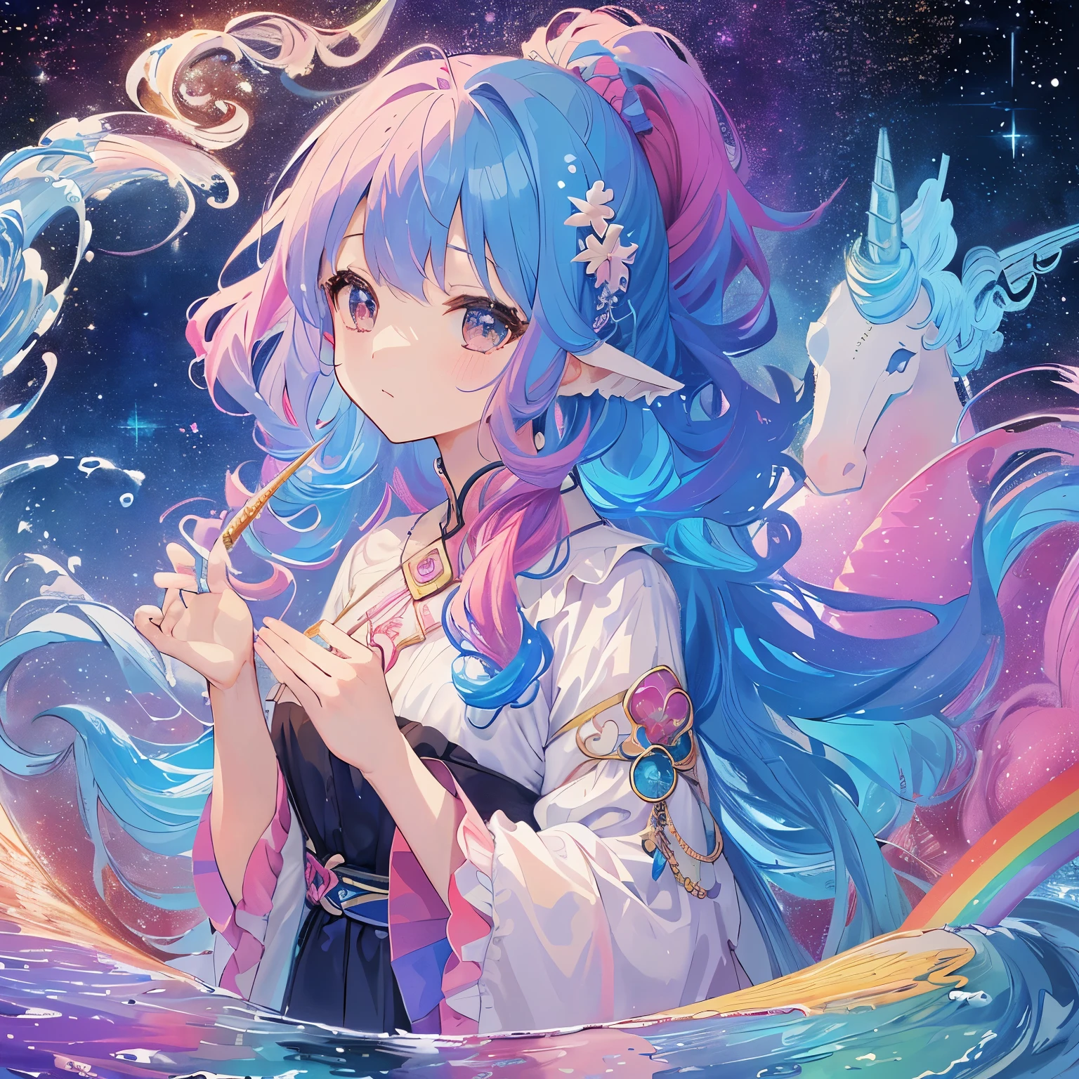 (masterpiece、highest quality、highest quality、water彩画(curly)、official art、beautiful beautiful:1.2)、(unicorn:1.3)、(fractal art:1.3)、Upper body、From the side、looking at the viewer、pattern、(rainbow colored hair、Colorful髪、Half blue、half pink hair:1.2)、water、liquid、cloud、Colorful、starry sky、performer、