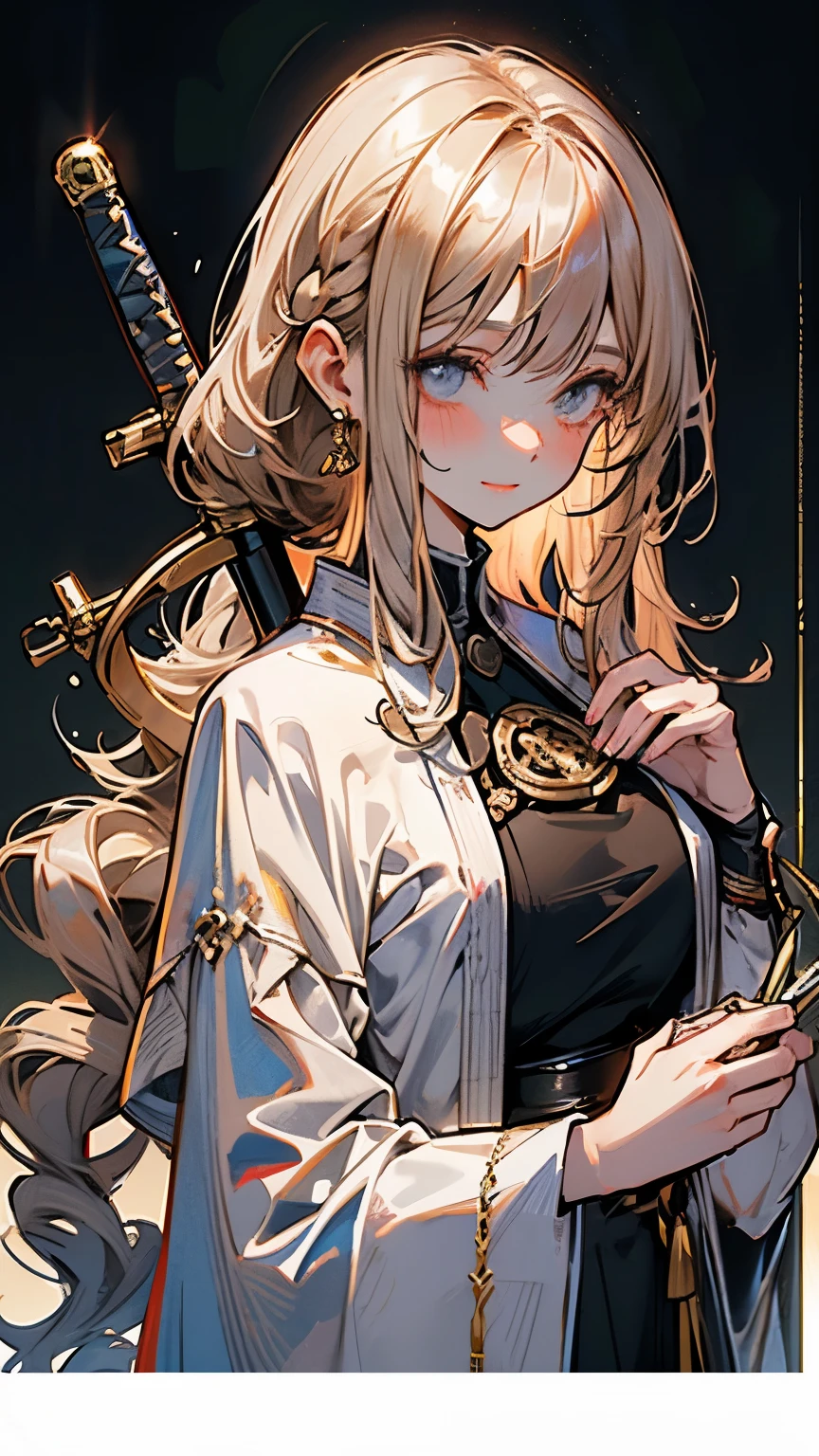 a close up of a woman in a dress with a sword, guweiz masterpiece, curly blonde hair | d & d, sangsoo jeong, npc with a saint\'s halo, inspired by Georges Emile Lebacq, sfw huge breasts, by Lü Ji, steve zheng, inside her temple, 2 d cg, fine details. anime. skins, blush, happy, high detail, anime, chiaroscuro, reflection light, from above, atmospheric perspective, perspective, masterpiece, 16k, best quality