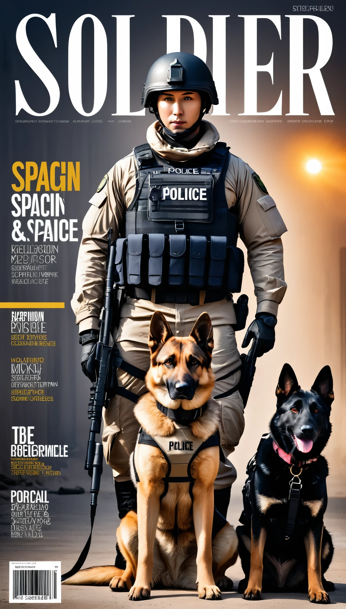 Fashion magazine cover design，Soldier and police dog，equipment，warm scene，text，barcode，Stylish and simple，