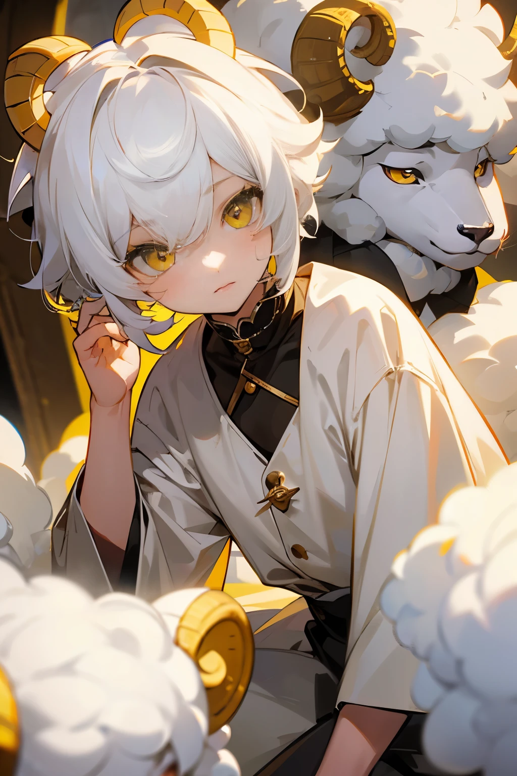 Cute boy, like a sheep, short white hair, yellow eyes 🐏🔞