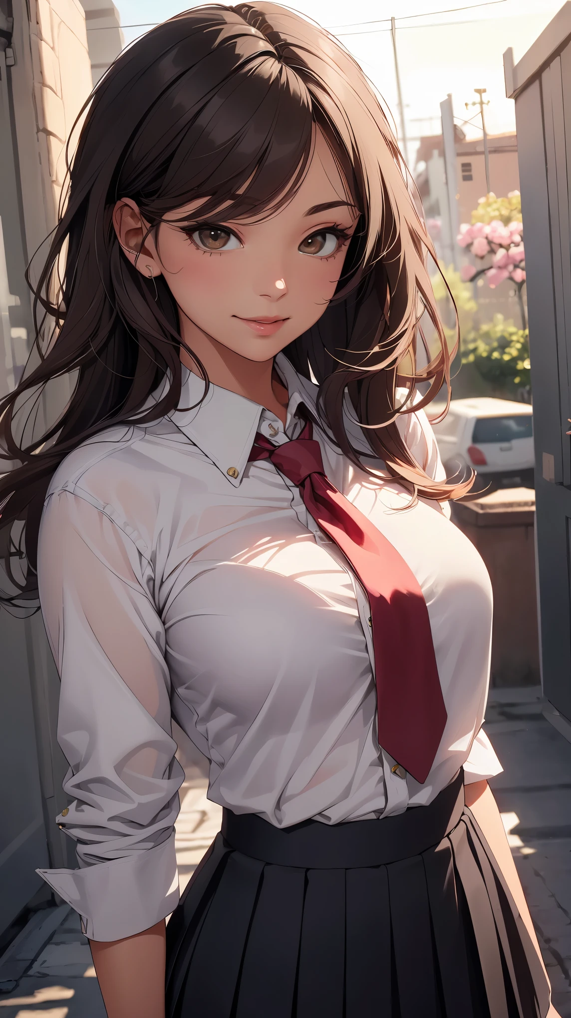 concept:beautiful woman portrait. quality:(最高quality, 8k, 4k, High resolution, masterpiece:1.2), Super detailed, (real, photorealistic:1.37), 高qualityのアートワーク, beautiful illustrations. illumination:Bright colors, Lens flare, The overall dramatic atmosphere of the scene, natural light. Subject information:alone, sexy woman, (round eyes), (small face), (high detail skin:1.2), long eyelashes, glossy lips, cover your mouth and laugh, (brown hair, Smooth long straight hair, symmetrical bangs, brown eyes), perfect face, cute face, shiny skin, long eyelashes, (big breasts), cute smile:1.2, (anatomically correct), (private high , white shirt:1.2, colorful neckties, pleated skirt, mini skirt). Other details:Tao yuan, full bloom peach blossom background:1.2, Gentle sunshine, 細部までこだわったrealな光と影, background bokeh, 500㎜, f/4.0, photo shoot.