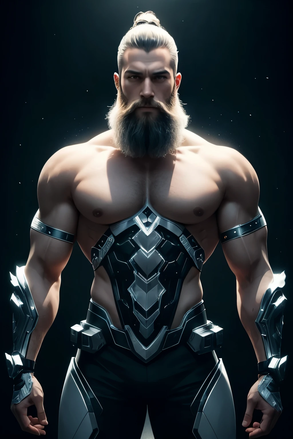 A man with a short trimmed beard, salt and pepper look beard, and pony tail hair, different poses full body made of biomechanical humanoid, their body a combination of glass and mechanics all white, each part of their body a unique blend of transparent glass, This scene is set in a 4K-rendered world with meticulous detail, realistic lighting something that even doesn't exist, mythical being, energy, molecular, textures, iridescent and luminescent scales, breathtaking beauty, pure perfection, divine presence,