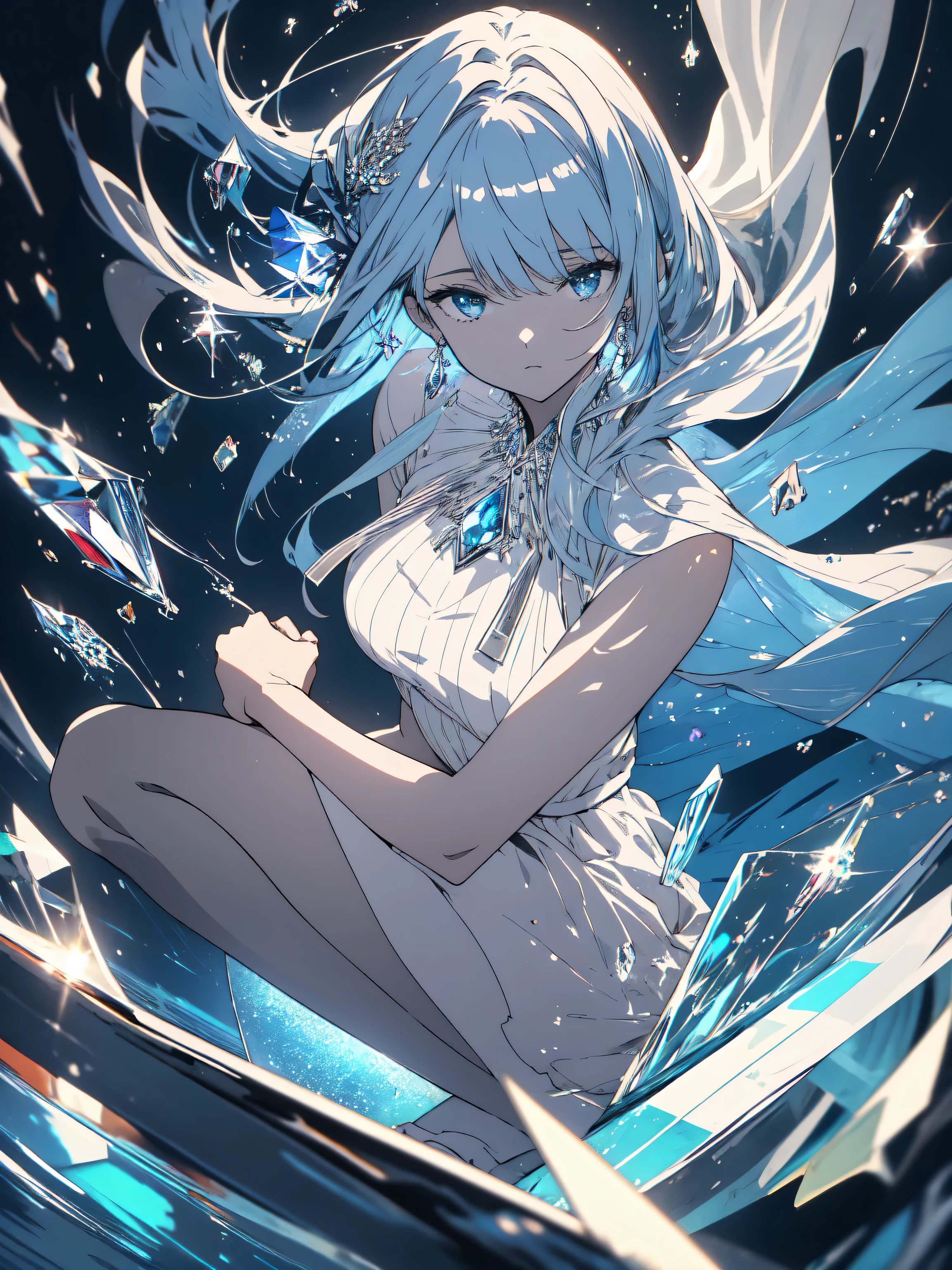 ((masterpiece)), ((highest quality)), 8K, hd, Super detailed, (woman), (white dress with navy blue edges), (Scattered light blue hair shawl), (shining eyes) (Crouch inside a transparent gem 1.6) (Full body display 1.4) 作品はmasterpieceです, Top quality and attention to detail, Captured in 8K HD. beautiful anime, very detailed illustrations beautiful anime, octane rendering、many mirrors floating.