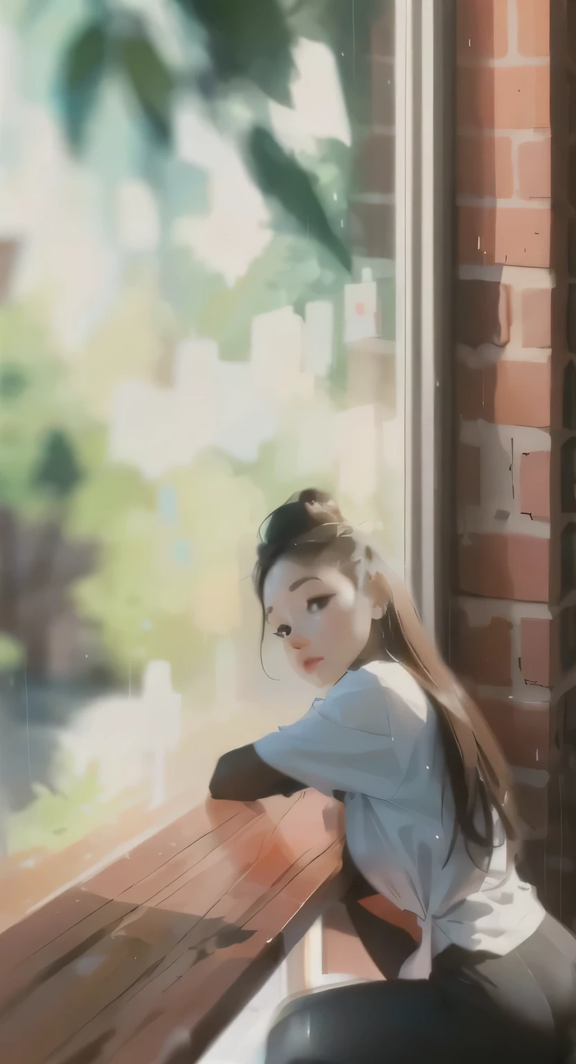 Anime Female, Realistic mature woman, illustration, Anime Female은 비가내리는 창문에 업들여 손을 고이고 업드려 생각에 빠져있다.(rain outside the window),(mountains in the distance),(trees in early spring),(grass)(raindrops on window glass)시청자을 본다 현실적인 귀여운 소녀 illustration, beautiful picture style, realistic art style, Realistic anime art style, Realistic anime art style, long 머리를 가진 일리아 쿠브시노프, in animation style, mysterious coffee shop girl(masterpiece:1.4), (best quality:1.4),front,Woman wearing tight black leggings and white bra top, Two-piece tracksuit, white sports bra ,On the right is the Adidas logo.,vivid colors, soft focus, light leak, dreamy atmosphere, experimental charm, Retro charm break color field painting, various colors, abstract expressionism, Bold colors, emotional impact, atmospheric depth, A minimalist approach to relaxation, Beautiful woman, UHD (ultra detail) viewers who see it.., different, fancy, long, 갈색으로 염색한 머리를 뒤로 하나로 묶은 long 머리 🌈, leggings clothing, White stardust in dark areas, absurd, high resolution, very detailed, (1 woman : ), vivid colors, soft focus, light leak,