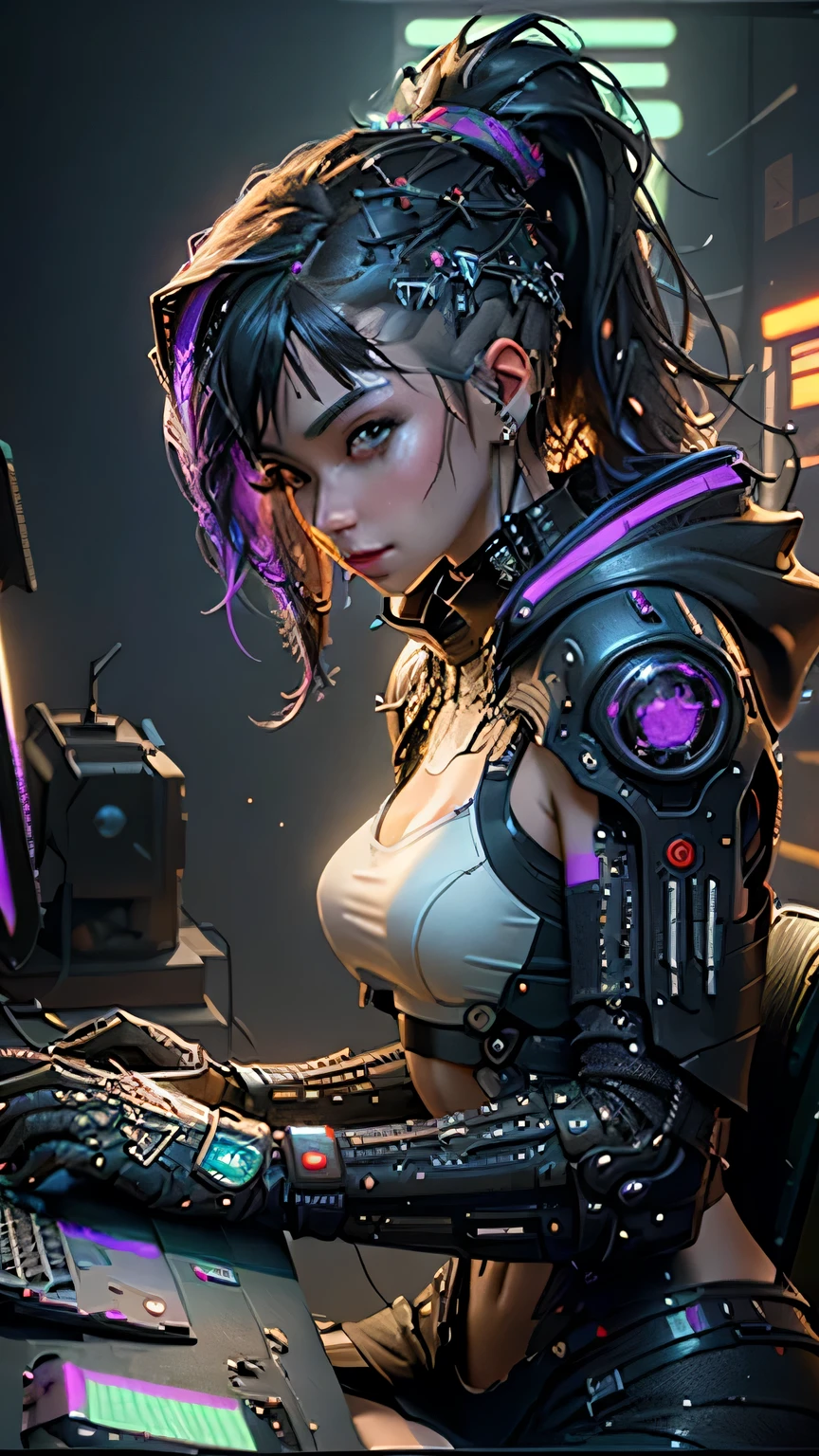 ((Best quality)), ((masterpiece)), (highly detailed:1.3), 3D, beautiful (cyberpunk:1.3) female hacker with thick voluminous hair operating a computer terminal, (((medium shot))), computer servers, LCD screens, fibre optic cables, corporate logos,HDR (High Dynamic Range),Ray Tracing,NVIDIA RTX,Super-Resolution,Unreal 5,Subsurface scattering,PBR Texturing,Post-processing,Anisotropic Filtering,Depth-of-field,Maximum clarity and sharpness,Multi-layered textures,Albedo and Specular maps,Surface shading,Accurate simulation of light-material interaction,Perfect proportions,Octane Render,Two-tone lighting,Low ISO,White balance,Rule of thirds,Wide aperature,8K RAW,Efficient Sub-Pixel,sub-pixel convolution,luminescent particles,  