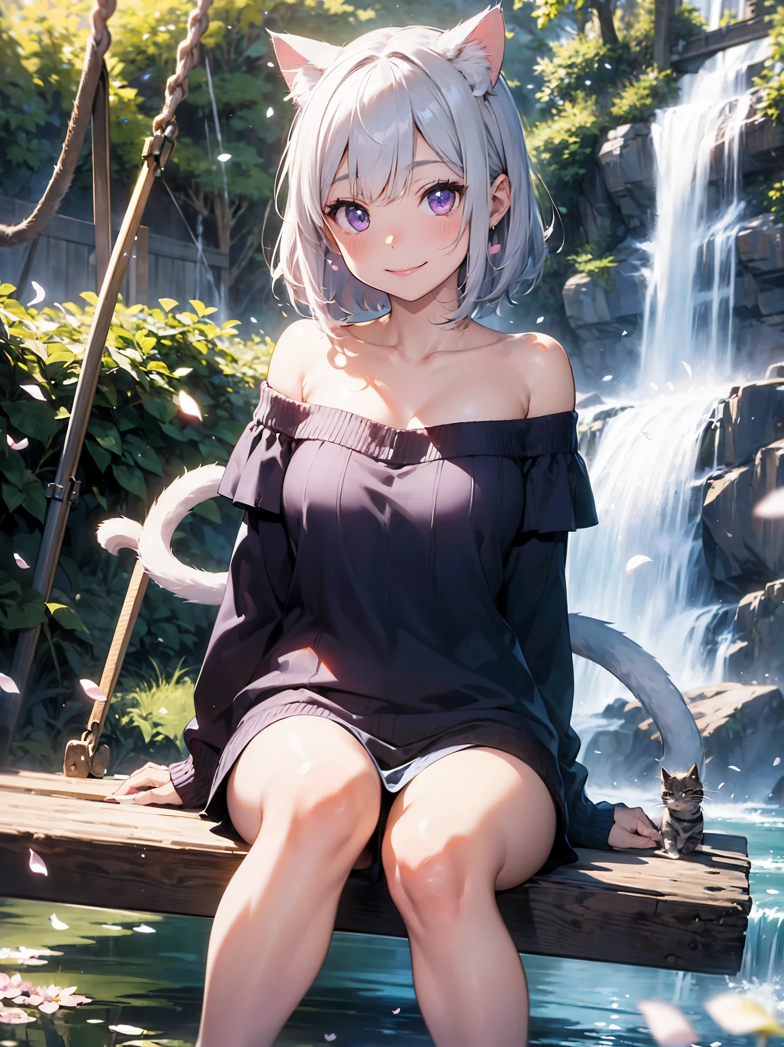 masterpiece,best quality,ultra-detailed,extremely detailed CG,high resolution,super detailed skin,perfect anatomy,trompe-l'?il illusionistic detail,cowboy shot,purple eyes,lipstick,eyeliner,eyeshadow,slender,shiny skin,medium breasts,bob cut,silver hair,shiny hair,(evening:1.4),(waterfall:1.4),(swing:1.5),(petals:1.4),(cat:1.5),(dappled sunlight:1.5),(cleavage:0.8),(car ears:0.9),(smile:1.3),(off-shoulder sweater:1.5),(tail:1.6),(heart hands:1.5)、(put a cute cat on your lap:1.5)、(sit on a swing:1.5)
