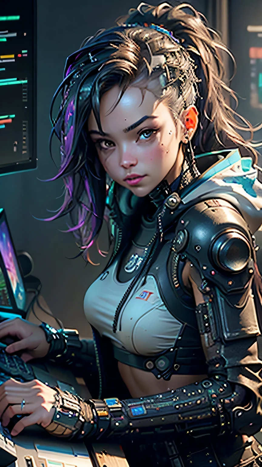 ((Best quality)), ((masterpiece)), (highly detailed:1.3), 3D, beautiful (cyberpunk:1.3) female hacker with thick voluminous hair operating a computer terminal, (((medium shot))), computer servers, LCD screens, fibre optic cables, corporate logos,HDR (High Dynamic Range),Ray Tracing,NVIDIA RTX,Super-Resolution,Unreal 5,Subsurface scattering,PBR Texturing,Post-processing,Anisotropic Filtering,Depth-of-field,Maximum clarity and sharpness,Multi-layered textures,Albedo and Specular maps,Surface shading,Accurate simulation of light-material interaction,Perfect proportions,Octane Render,Two-tone lighting,Low ISO,White balance,Rule of thirds,Wide aperature,8K RAW,Efficient Sub-Pixel,sub-pixel convolution,luminescent particles,