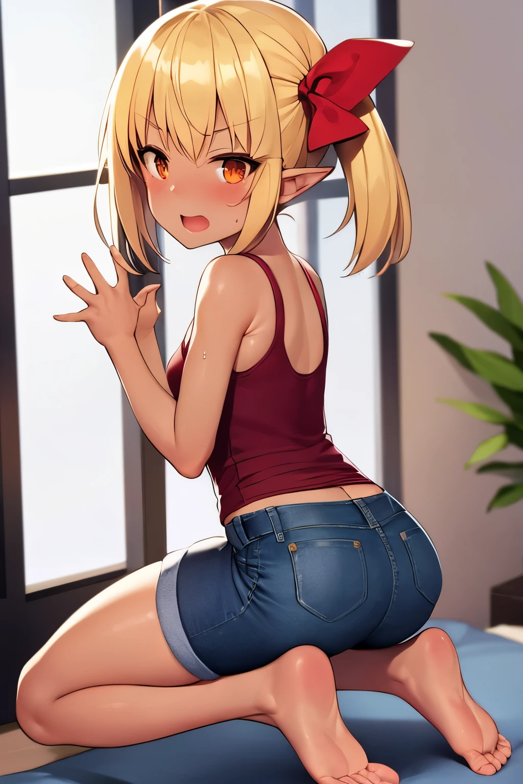 2D，highest quality，(masterpiece)，(full body)，Rumia，blonde，1 girl，，young，small ears，healthy dark skin，黒のdenim hot pants，Tank top，barefoot，barefoot，attractive thighs，butt，(red ribbon on head )，share，Bedroom，Get drunk，Sweat，upper grade，cheeks are bright red，(kneeling pose)， (wave hands)，Cute with bruises，erotic，i feel it，denim hot pants，night，breathing heavily，female brat，An evil kid like a little devil