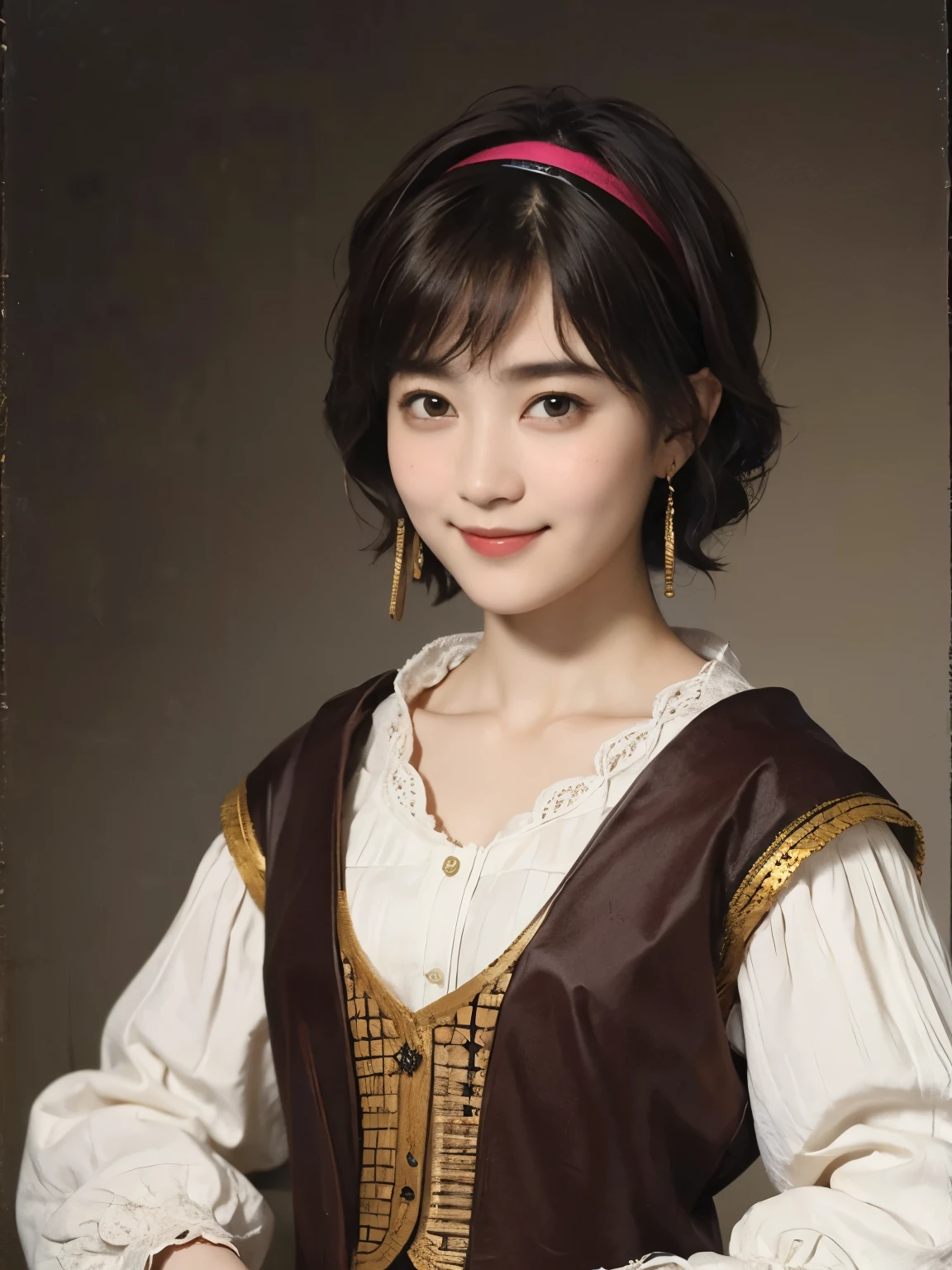 181 short hair, 20 year old female, gentle smile, (rembrandt style painting), (chest:1.2), long sleeve clothes