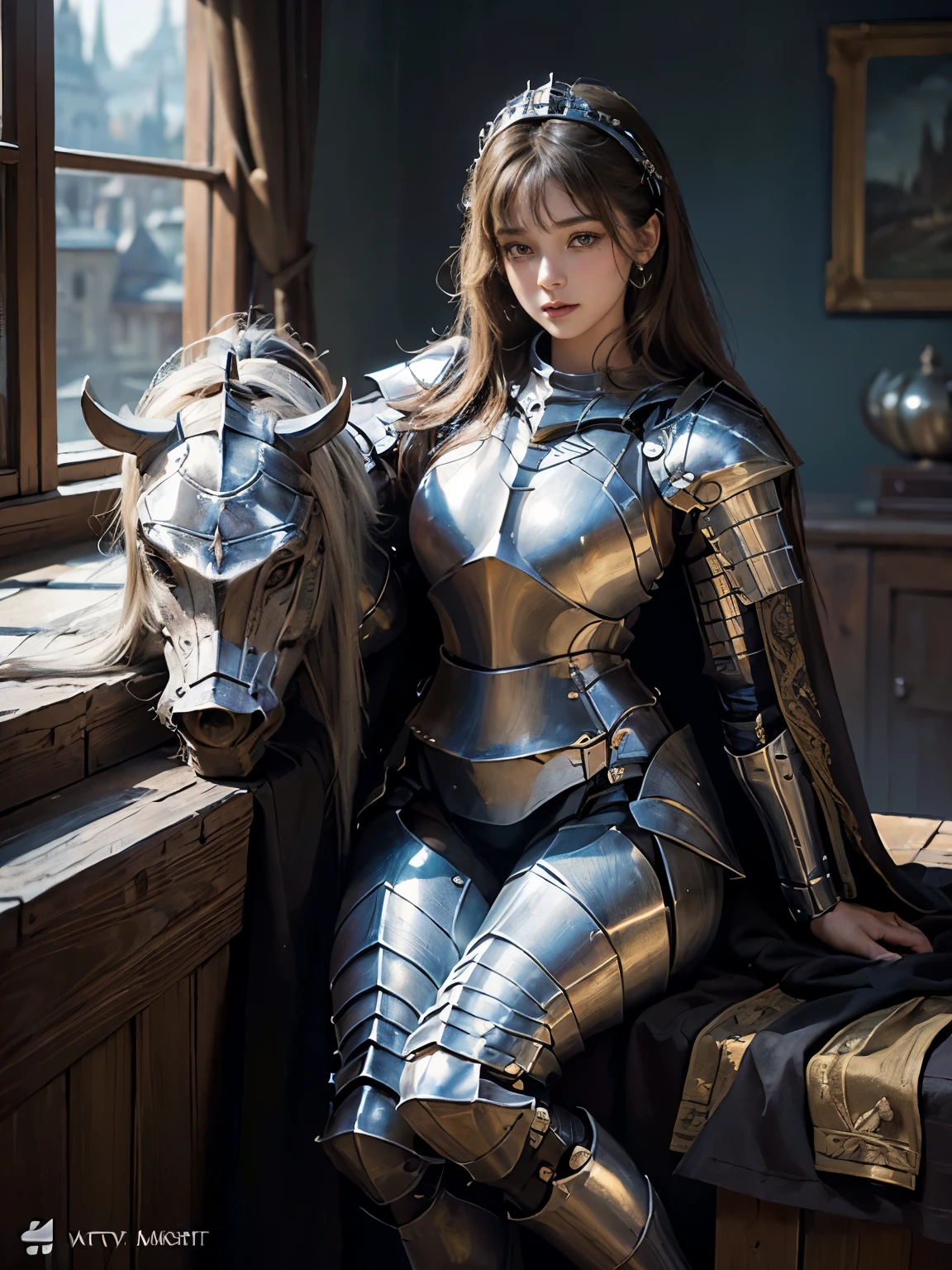 ((highest quality)),(ultra high resolution),(Super detailed),(detailed description),((The best CG)),(best work of art),super precision art,amazing drawing art,(Fantasy art with precise details:1.5), (1 female knight:1.7)(Full body armor with attention to detail:1.5,Delicate and detailed relief:1.3,Shining jewels embedded in various places:1.3),A cloak with detailed embroidery.:1.5,(beautiful and well-shaped face:1.5),(natural makeup:1.5), Medieval style cityscape:1.6