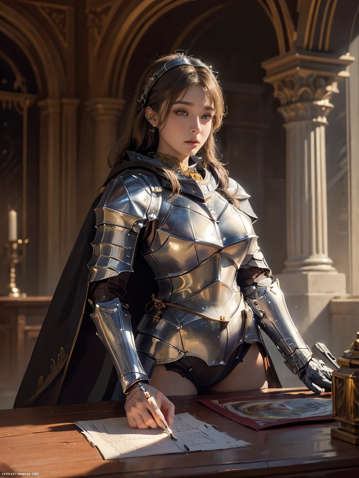 ((highest quality)),(ultra high resolution),(Super detailed),(detailed description),((The best CG)),(best work of art),super precision art,amazing drawing art,(Fantasy art with precise details:1.5), (1 female knight:1.7)(Full body armor with attention to detail:1.5,Delicate and detailed relief:1.3,Shining jewels embedded in various places:1.3),A cloak with detailed embroidery.:1.5,(beautiful and well-shaped face:1.5),(natural makeup:1.5), Medieval style cityscape:1.6