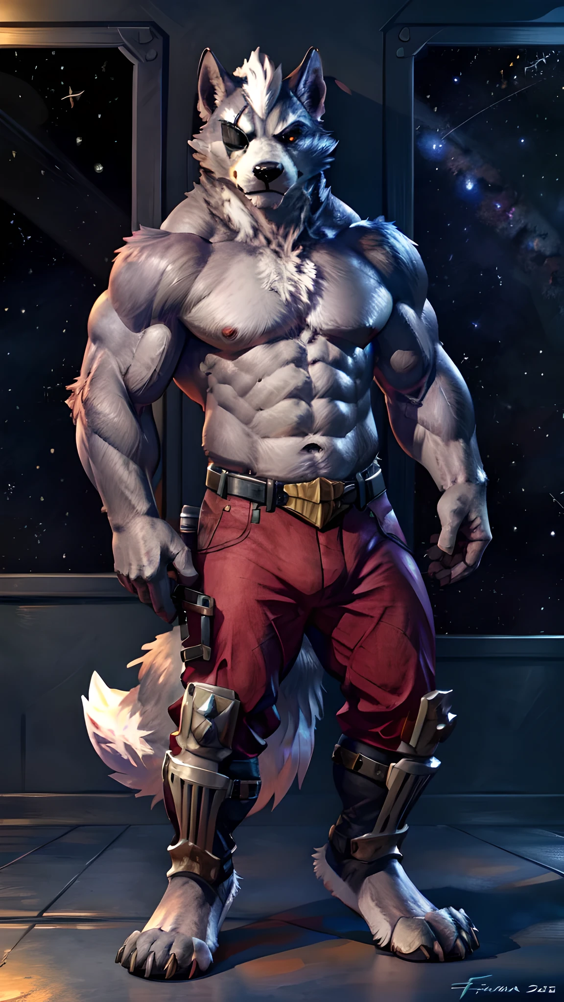 wolf o'donnell, posing for the camera, showing off. 4k, high resolution, best quality, posted on e621, solo, anthro body, male, adult, masculine, (very muscular, strong chest, abs, pectorals, biceps:1.0), correct anatomy, (space clouds, space background, stars:1.0), (by wfa, by taran fiddler:1.0), strong, (wolf tail:1.0), (space pants, belt:1.1), bare feet, wolf feet, (detailed eyes:1.1), eyepatch, bare torso, stern face