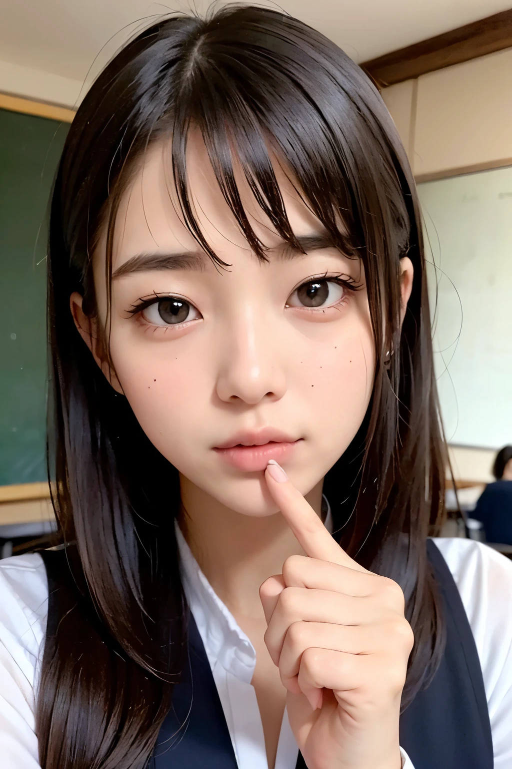 (masterpiece:1.3)、Super detailed finish、(High resolution、8k:1.3)、highest quality、(Super realistic like a photo:1.3), The face is in focus、(close up on face:1.3)、 ultra high definition face、Face is in focus、Ultra high definition and beautiful eyes、(focused eyes:1.3)、(Eyes are symmetrical:1.3)、High-definition and beautiful skin、firm skin、Ultra high definition hair texture、Japanese high school girl、、very cute, half updo:1.2, Pose with fingers near mouth:1.3, beautiful fingers、sailor suit:1.2, (classroom), (very embarrassed:1.3), blush:1.3, Mr.々shooting angle:1.3, (looking at viewer:1.3),