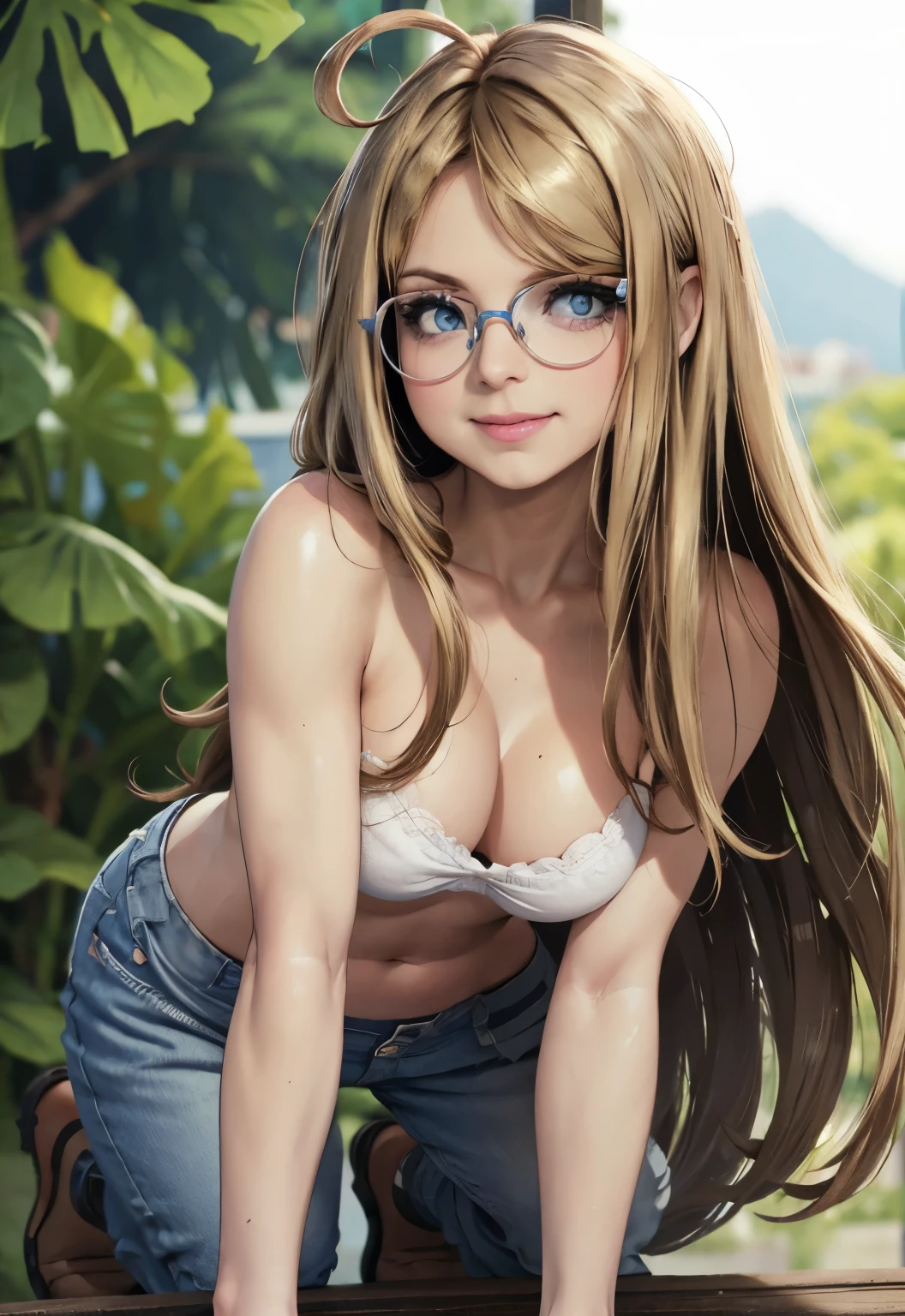 Best quality, 4k, Masterpiece :1.3), beautiful young girl, hyper realistic, 1girl, (droopy breasts, attractive body :1.2), stand:1.1, (very long disheveled dark blonde hair:1.3), ultra-detailed face, detailed lips, detailed eyes, double eyelid, topless, hanging breasts, visible curves, light blue cropped micro denim shorts, perfect small breasts, blue eyes, thick-soled shoes, sunny summer day, smiling, european girl, narrow hips, (ahoge:1.2), (glasses:1.3), parororo, ginagerson