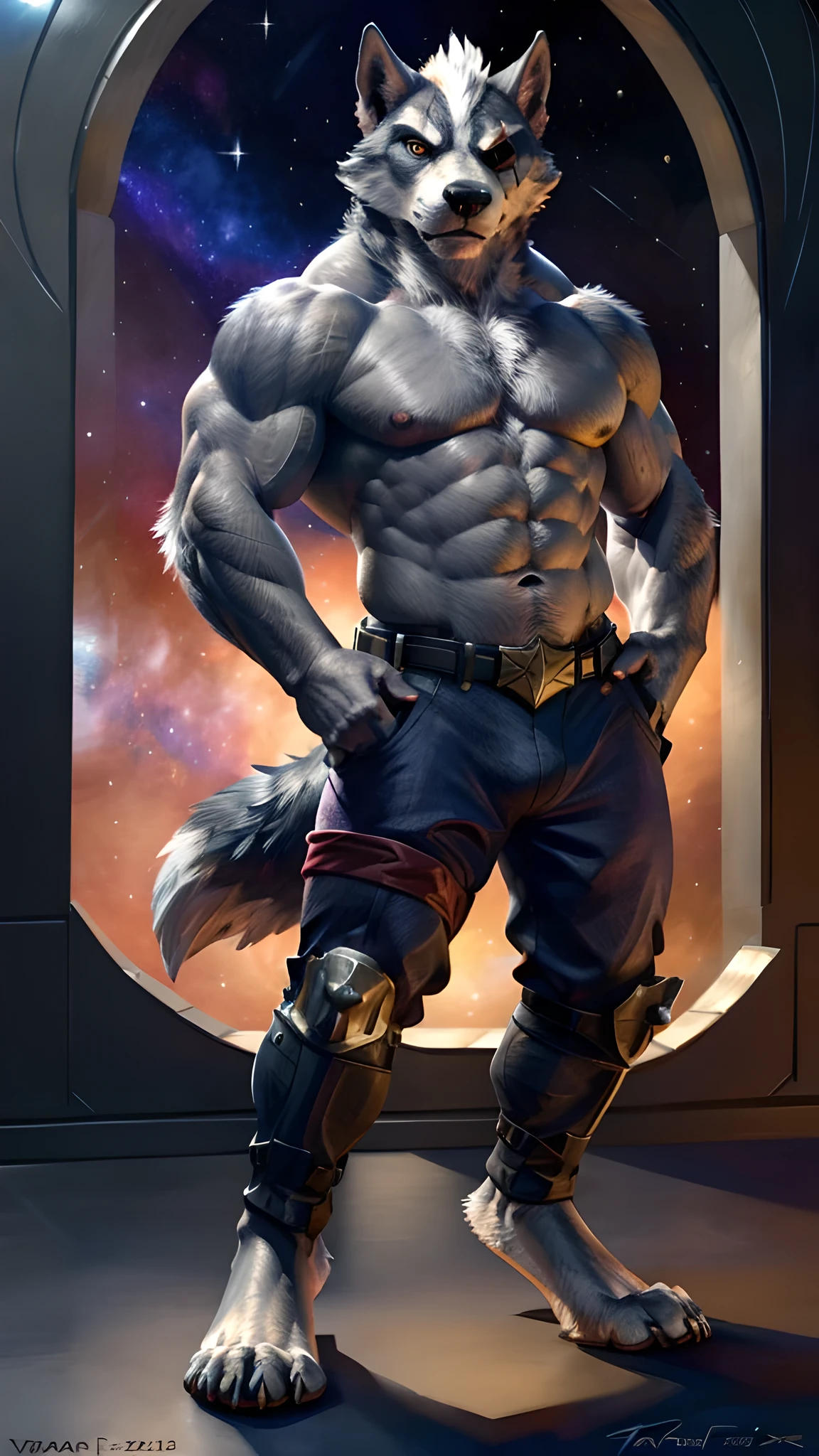 wolf o'donnell, posing for the camera, showing off. 4k, high resolution, best quality, posted on e621, solo, anthro body, male, adult, masculine, (very muscular, strong chest, strong pectorals:1.0), correct anatomy, (space clouds, space background, stars:1.0), (by wfa, by taran fiddler:1.0), strong, (wolf tail:1.0), (space pants, belt:1.1), bare feet, wolf feet, big feet, (detailed eyes:1.1), eyepatch, bare torso, stern face, arms crossed, legs spread, strong stance