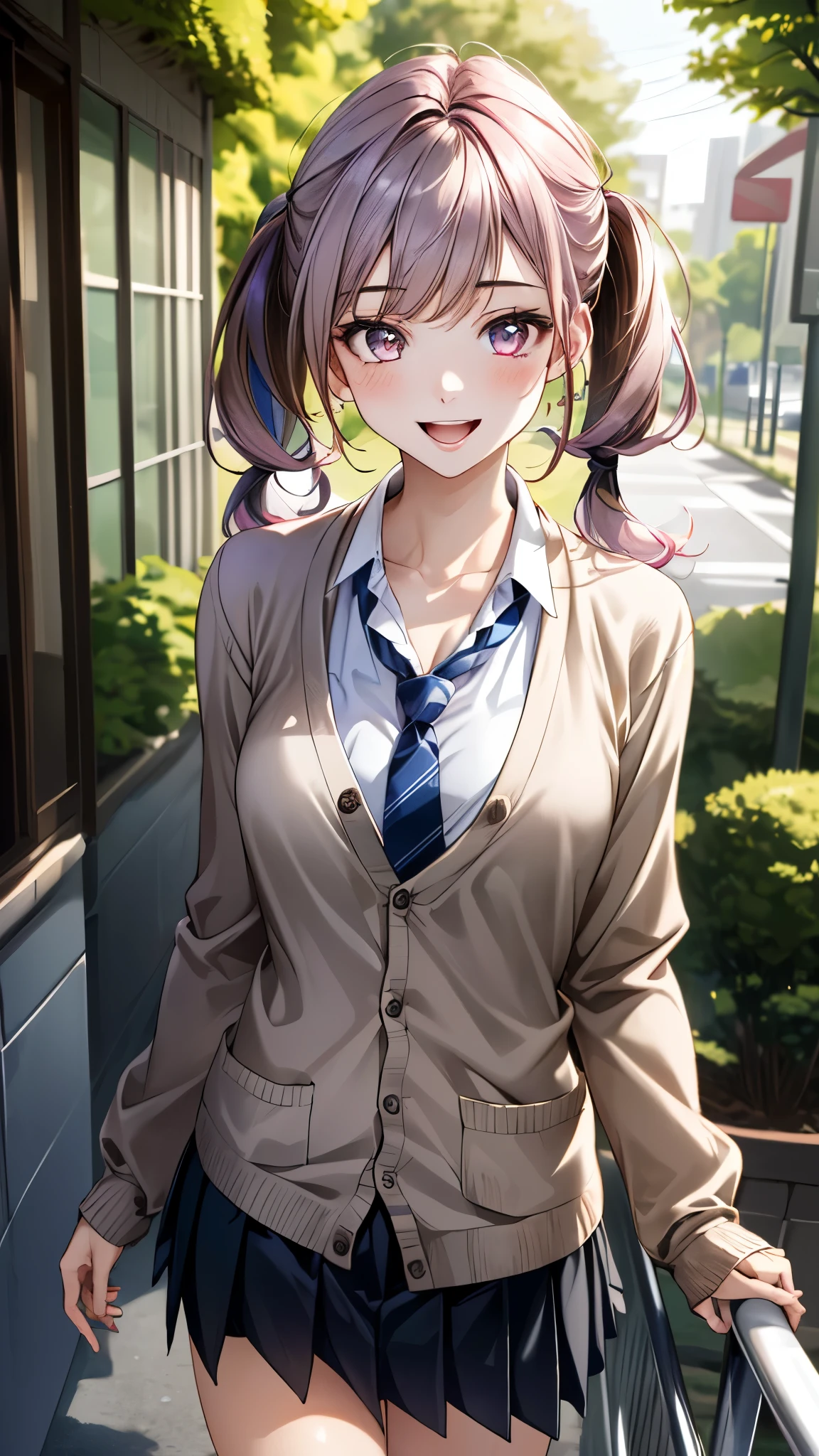 (masterpiece:1.3, top-quality, ultra high res, ultra detailed), (realistic, photorealistic:1.4), beautiful illustration, perfect lighting, natural lighting, colorful, depth of fields, ,
beautiful detailed hair, beautiful detailed face, beautiful detailed eyes, beautiful clavicle, beautiful body, beautiful chest, beautiful thigh, beautiful legs, beautiful fingers, shiny skin, 
looking at viewer, 1 girl, high school girl, (perfect anatomy, anatomically correct, super detailed skin), cute and symmetrical face, babyface, perfect face, perfect eyes, slender, 
(long hair:1.5, low twintails:1.5, light purple hair), swept bangs, gold eyes, drooping eyes, big eyes, long eye lasher, (medium breasts, seductive thighs), skin dendation, 
(detailed cloth texture, long sleeves light brown cardigan:1.2, light grey pleated skirt, white collared shirt), white thigh-high, dark red tie, 
(beautiful scenery), day time, (cityscape:1.1), standing, (lovely smile, upper eyes, parted lips), 