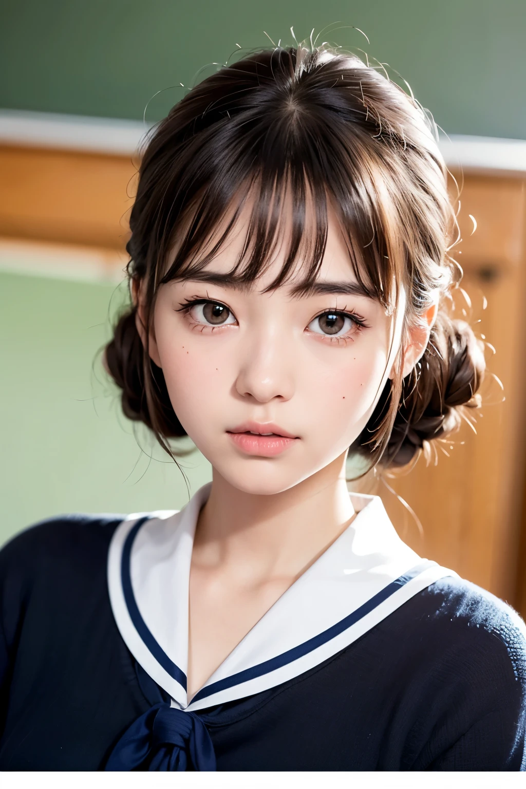 (masterpiece:1.3)、Super detailed finish、(High resolution、8k:1.3)、highest quality、(Super realistic like a photo:1.3), The face is in focus、(close up on face:1.3)、 ultra high definition face、Face is in focus、Ultra high definition and beautiful eyes、(focused eyes:1.3)、(Eyes are symmetrical:1.3)、High-definition and beautiful skin、firm skin、Ultra high definition hair texture、Japanese high school girl、17 years old、very cute, half updo:1.2, Pose with hands on face:1.3, sailor suit:1.2, (classroom), (very embarrassed:1.3), blush:1.3, Mr.々shooting angle:1.3, (looking at viewer:1.3),