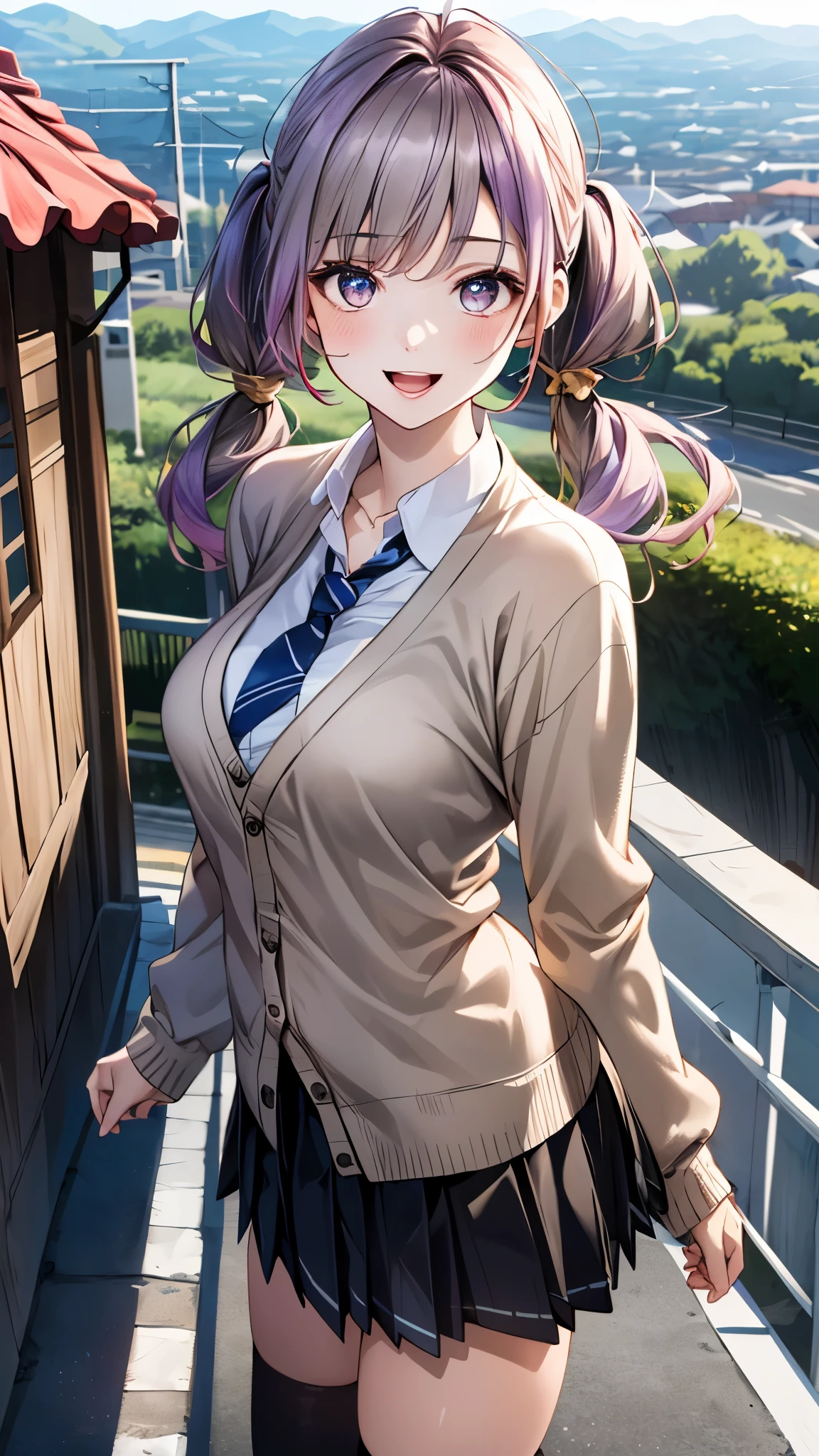 (masterpiece:1.2, top-quality, ultra high res, ultra detailed), (realistic, photorealistic:1.4), beautiful illustration, (natural side lighting, movie lighting),
looking at viewer, full body, 1 girl, japanese, high school girl, perfect face, (perfect anatomy), cute and symmetrical face, baby face, shiny skin, slender,
(long hair:1.5, low twintails:1.5, light purple hair), swept bangs, gold eyes, drooping eyes, big eyes, long eye lasher, (medium breasts),
beautiful hair, beautiful face, beautiful detailed eyes, beautiful clavicle, beautiful body, beautiful chest, beautiful thigh, beautiful legs, beautiful fingers,
((detailed cloth texture, long sleeves light brown cardigan:1.4, light grey pleated skirt, white collared shirt), dark red tie, white thigh-high),
(beautiful scenery), day time, (downtown) walking, (eating crepe), (happy smile, open mouth),
