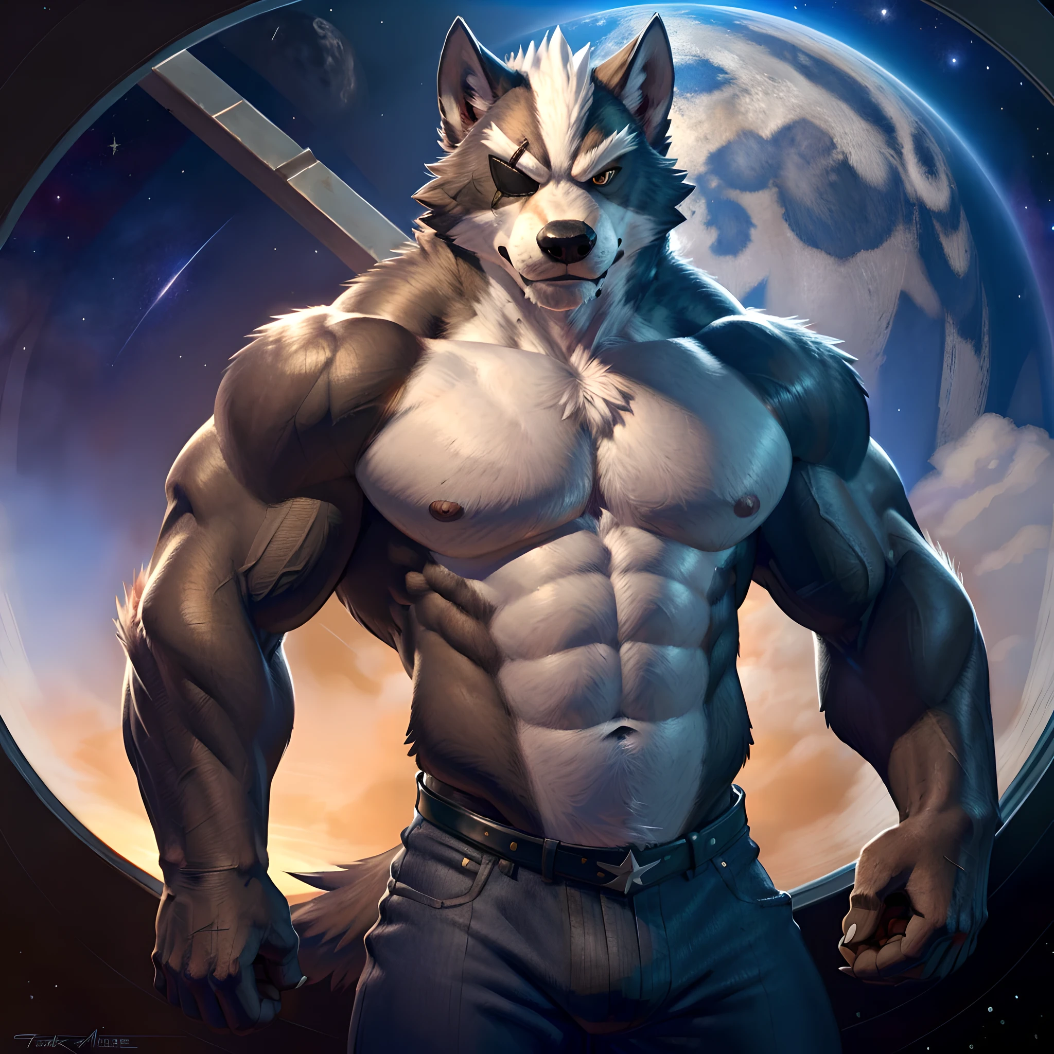 wolf o'donnell, posing for the camera, showing off. 4k, high resolution, best quality, posted on e621, solo, anthro body, male, adult, masculine, (very muscular, strong chest, strong pectorals:1.0), correct anatomy, (space clouds, space background, stars:1.0), (by takemoto arashi, by meesh, by taran fiddler:1.0), strong, (detailed eyes:1.1), eyepatch, bare torso, stern face, half body