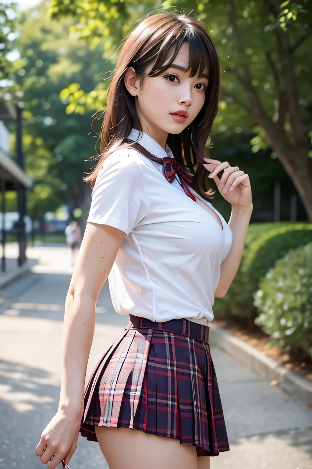 NSFW, 8K RAW写真, highest quality, masterpiece, 超A high resolution, film grain, movie, 1 girl, looking at the viewer, natural skin texture, Realistic eye and face details, lips全体, lipstick, (compensate), Shiny Nagai 🪮、Big eyes、dual、hair is dirty, laughter, close your mouth, beautiful feet, tall woman, skin, slim_feet, alone, Tshirtから見えるcleavage, Pose with your buttockss facing you, short skirt, buttocks, shirt, schoolyard、 (detailed background), plaid skirt, 白のshirt, huge breasts, cleavage, shirtから少しcleavageを見せる, low person, blurry背景, blurry, fail, plaid, short sleeve, JK with a ribbon around her neck, jk ribbon, brown haired, bracelet, water, bangs, uniform, gem, split lips, lips, From the side,red pleated skirt, written boundary depth