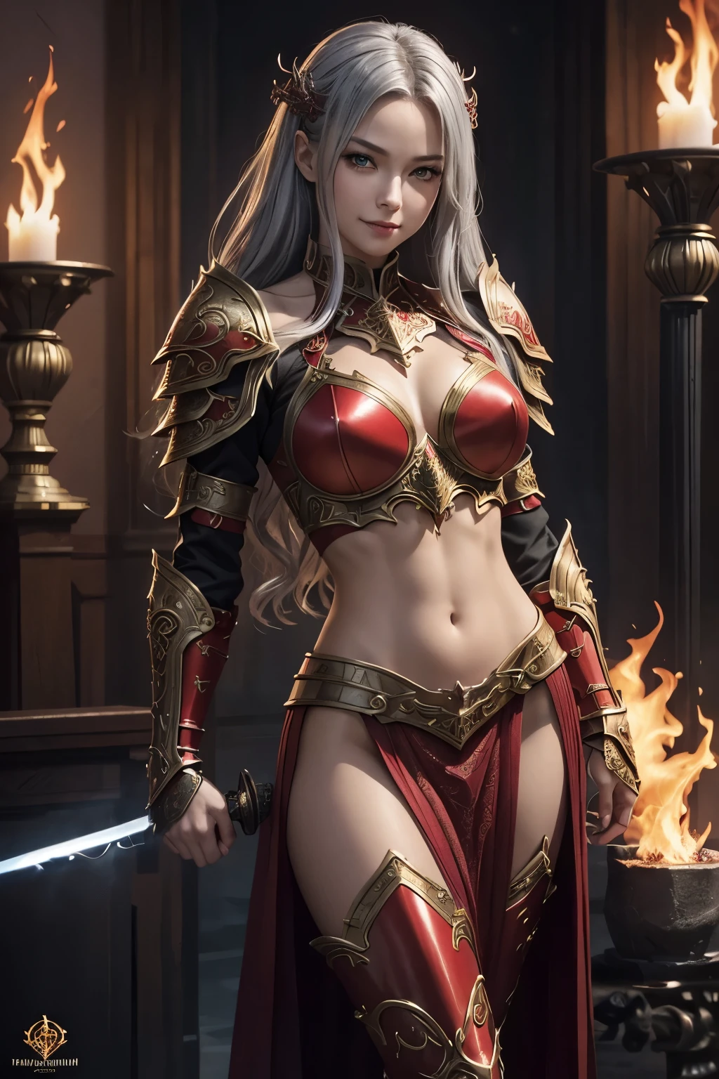 8K、,A bewitching succubus wearing luxurious red armor..,super beautiful(like the real thing)、Long skirt with a luxurious red flame motif,Arafed woman taking a photo with sword and armor、Beautiful wavy silver hair、big and full breasts、flame-shaped chest armor(red and silver)2。5d cgi anime fantasy artwork、fan art mayo art station、デジタルfantasy art)、wallop loss draw、woman in armor、壮大なfantasy artスタイル、beautiful succubus、Charm、Beautiful fangs、looking at the viewer、captivating gaze、masterpiece,Photorealistic RAW photos of the highest quality。bright colors,rich colors, Backlight, cinematic lighting, film grain, to be born, 50MM lens, Nikon D850,realistic skin,fantasy art,character art,ultra high resolution,realistic scale skin,Perfect hand shape,goddess of evil,Luxurious red big chest chest armor(flame emblem filigree),smile,Violent and strongly cracked abdominal muscles,Red shoulder armor(flame emblem filigree),Red Gauntlet(flame emblem filigree),red leg armor(flame emblem filigree),muscle pump up,muscles swell,