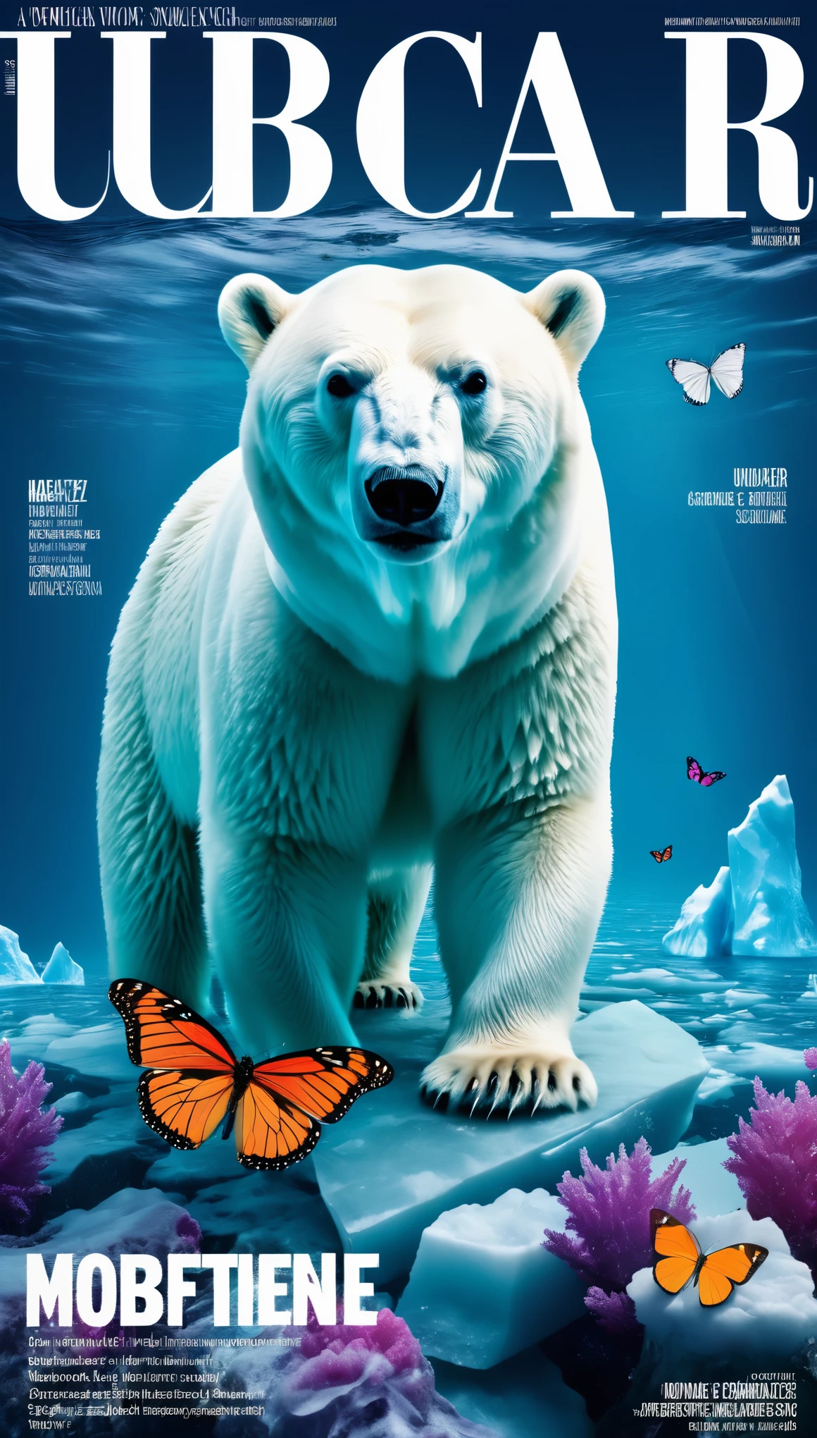 Fashion magazine cover design，underwater iceberg，Polar bear and a colorful butterfly，interesting，shocking，text，barcode，Stylish and simple，The theme highlights caring for the environment