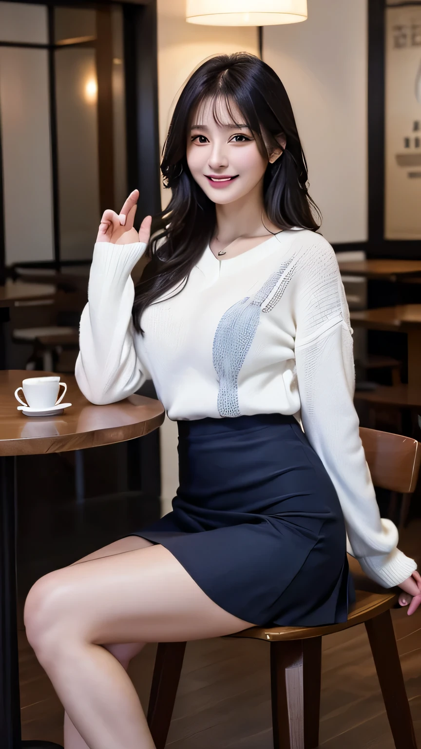 highest quality, Photoreal, finely, High resolution, 8k wallpaper, perfect dynamic composition, beautiful and detailed eyes, black hair、big and full breasts、random sexy pose、chest to chest、(Breast bulge 1.3)、laughter、(droopy eyes 1.4)、adult beauty、Japanese、look at the person taking the photo、(seductive thighs, big ass), ((white sweater, Dark blue tight skirt), (beautiful scenery), evening, Inside the cafe shop table, sit in a chair facing the table, please raise your hand, Place your elbows on the table, (Hilarious),