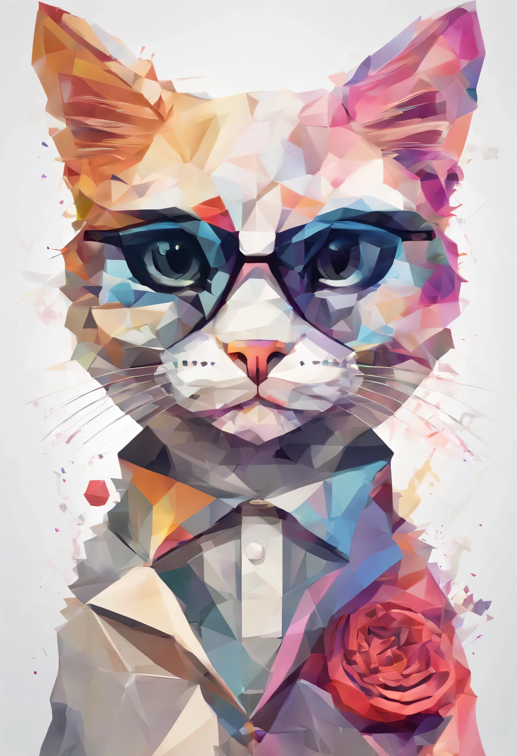Perfect alignment, Cute cat wearing jacket,crystal vases,Rose, Wear sunglasses, hapiness, standing posture, abstract beauty, center, looking at camera, face camera, almost perfect, Dynamic, Very detailed, Smooth, sharp focus, 8K, high definition resolution, illustration, Artwork by Carne Griffiths and Wadim Kashin, White background,logo avatar