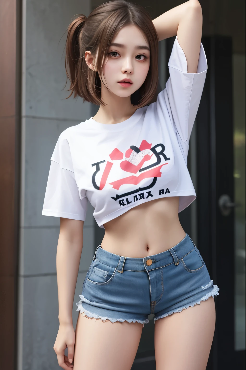 Beautiful, 1girl, russia, small breast, oversize crop tshirt, shortpants, hotpants