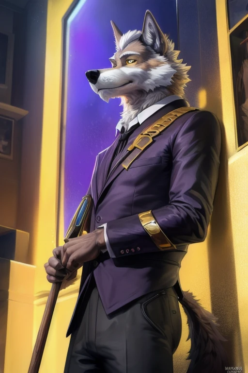 uploaded on e621,(by Homogenousrule, by Wildering, by Foxovh, by Catcouch), soloa man in a yellow suit holding a stick, dignified aristocrat, wolf o'donnell, an anthropomorphic wendell, a wendell wearing formal clothes, purple and gold color scheme, dapper dream demon, modern maximalist suit, gold and purple, golden raito, yellow and purple color scheme, anthropomorphic wolf male, anthropomorphic wendell male (standing, three-quarter portrait, three-quarter view, looking at viewer:1.25), BREAK), (detailed background, depth of field, ambient silhouette, backlighting), masterpiece, best quality, 4k, 2k, (intricate:0.9), (high detail, shaded, realistic:1.25), absurd res,school classroom daytime full of furry like humans